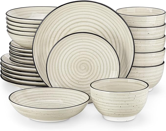 vancasso 24 Pieces Dinnerware Sets Bonbon Beige Dish Set for 6, Plates and Bowls Sets, Double-sided Handpainted Spirals Pattern Kitchen Dishes Dining Ware Set, Microwave & Dishwasher Safe