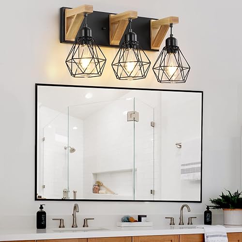 Miniatura 2 de Lámpara de tocador de baño de 3 luces, lámpara de baño de madera, apliques rústicos con elegante pantalla de metal para sala de estar, dormitorio,