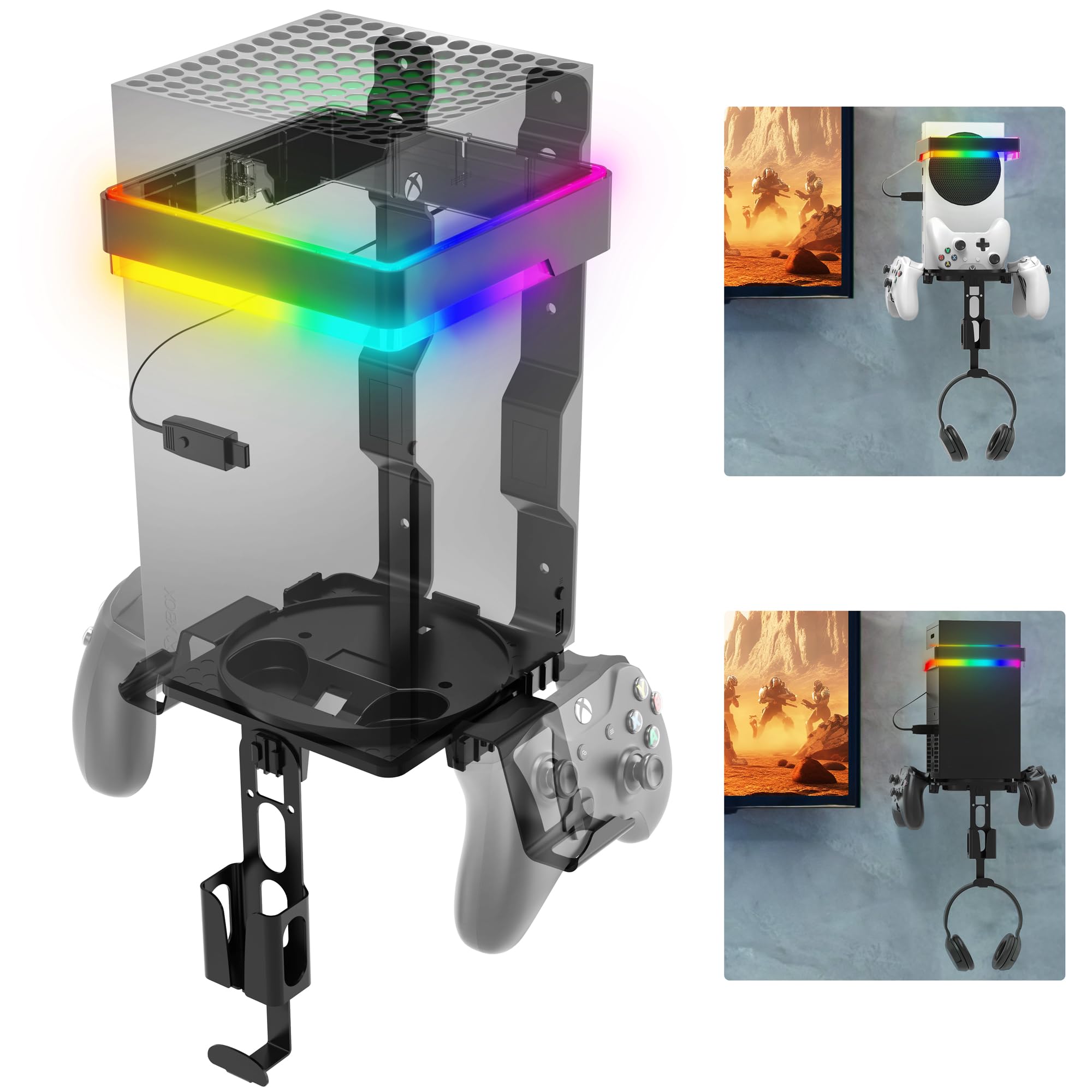 Fosmon Wall Mount for Xbox Series X S with RGB Light Detachable Dual Controller Holder and Headphone Hanger