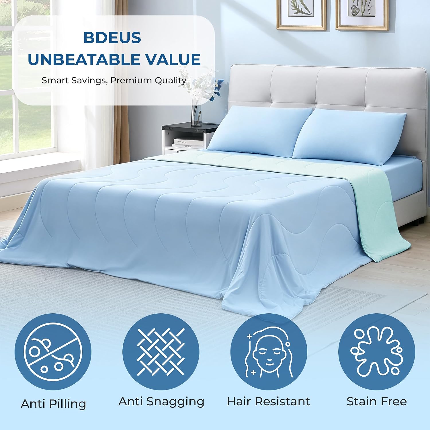 BDEUS Cooling Comforter Twin/Twin XL Size with 2 Pillowcases Set, Soft Cooling Blanket for Hot Sleeper, Lightweight Summer Quilt, Cold Ice Feeling Double Side Bed Set for Dorm Room, 68"X90", Blue