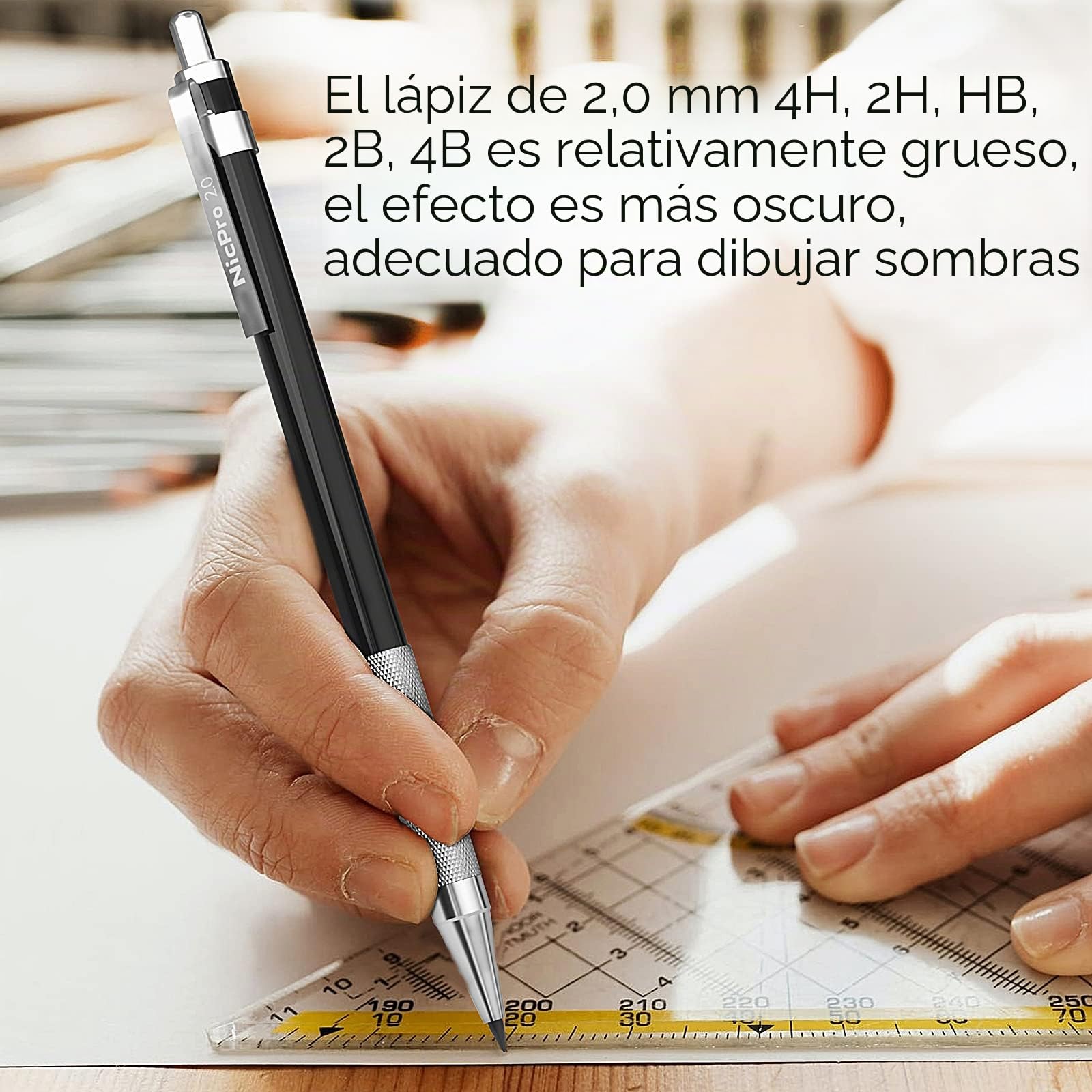Nicpro 5 Piezas Metálica Portaminas 2mm - Cuero Estuche, Recargas color & negro (HB 2H 4H 2B 4B), Borrador, Sacapuntas para Artistas Proyectos de dibujo, Arte Escritura, Manualidades, Carpintero.