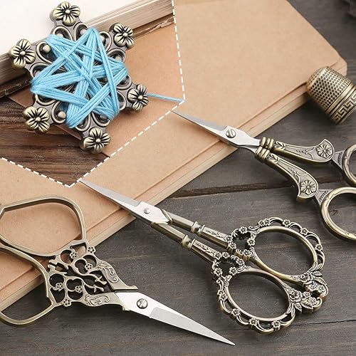 Miniatura 5 de 3 pares de tijeras de precisión de acero inoxidable estilo europeo vintage, dedal y bobina de hilo de metal, herramientas completas de costura