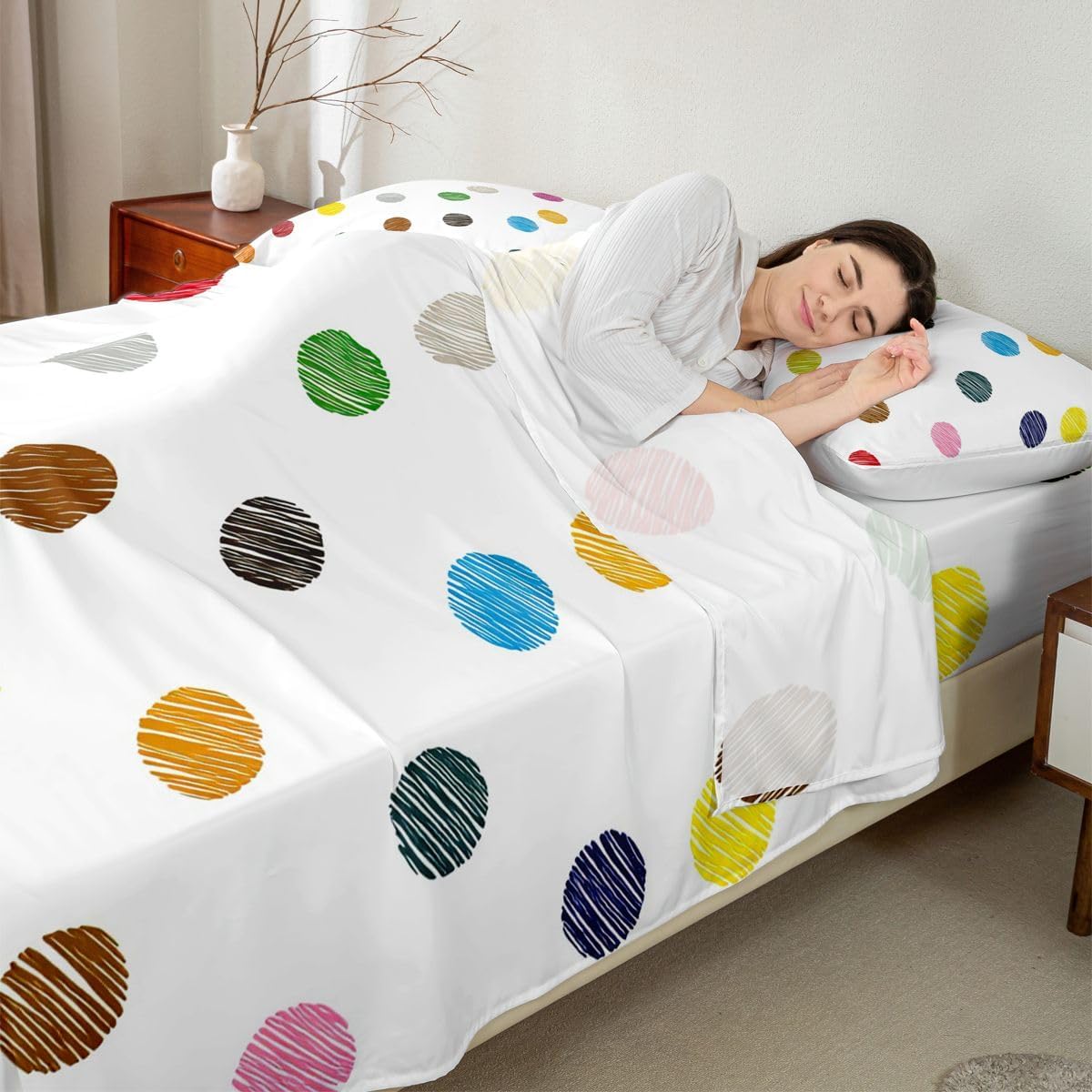 Erosebridal Colorful Dots Bedding Set Women Polka Dots Sheet Sets Queen for Women Girls Colorful Circles Print Bed Sheet Soft Microfiber Bottom,1 Flat + 1 Fitted + 2 Pillowcases