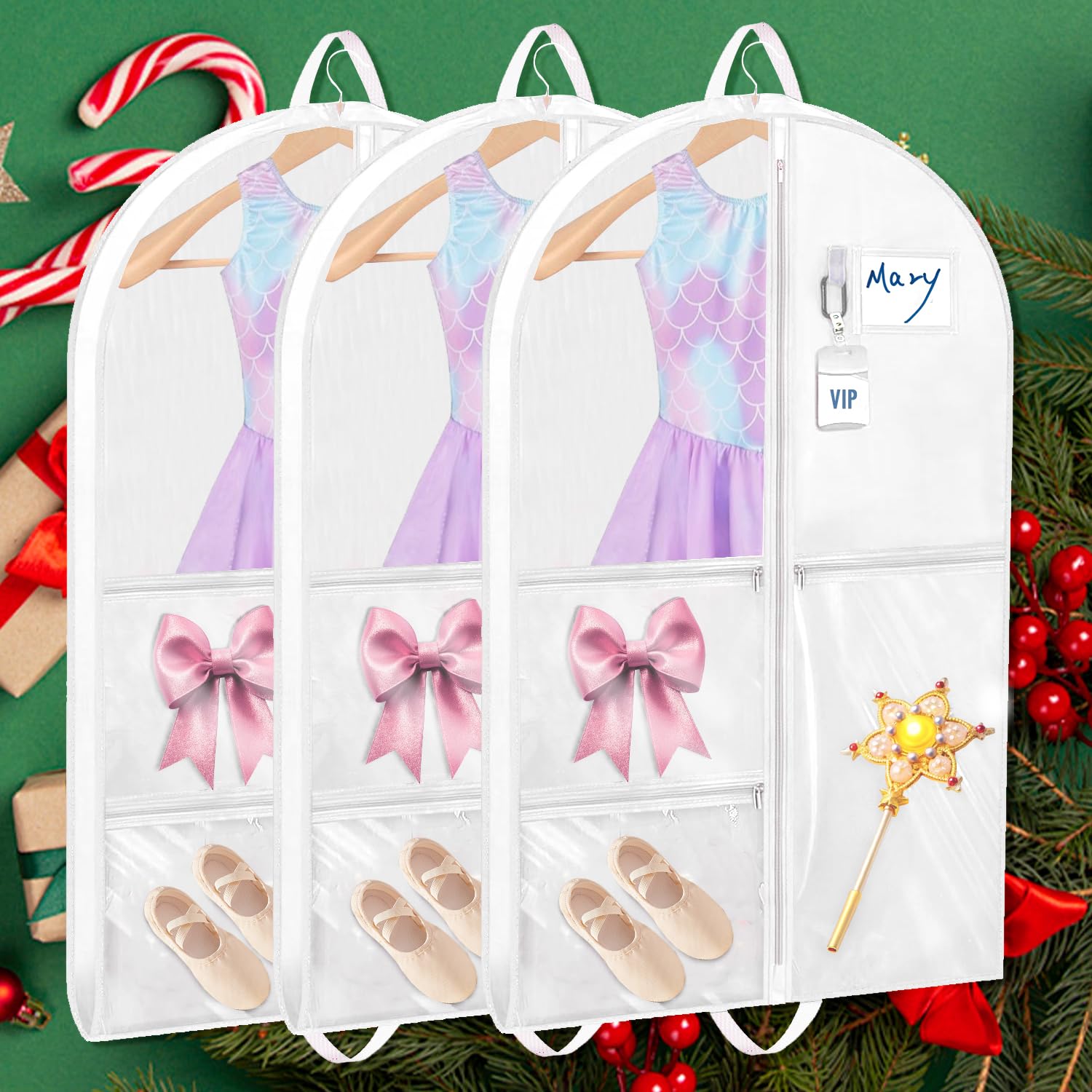 Garment Bags for Dance Costumes, 3 Pack Clear Kids Dance Garment Bag for Dancers, 40 in Waterproof Hanging Clothes Garment Bag with 5 Storage Pockets, Travel School Competitions Cheer Uniform, White