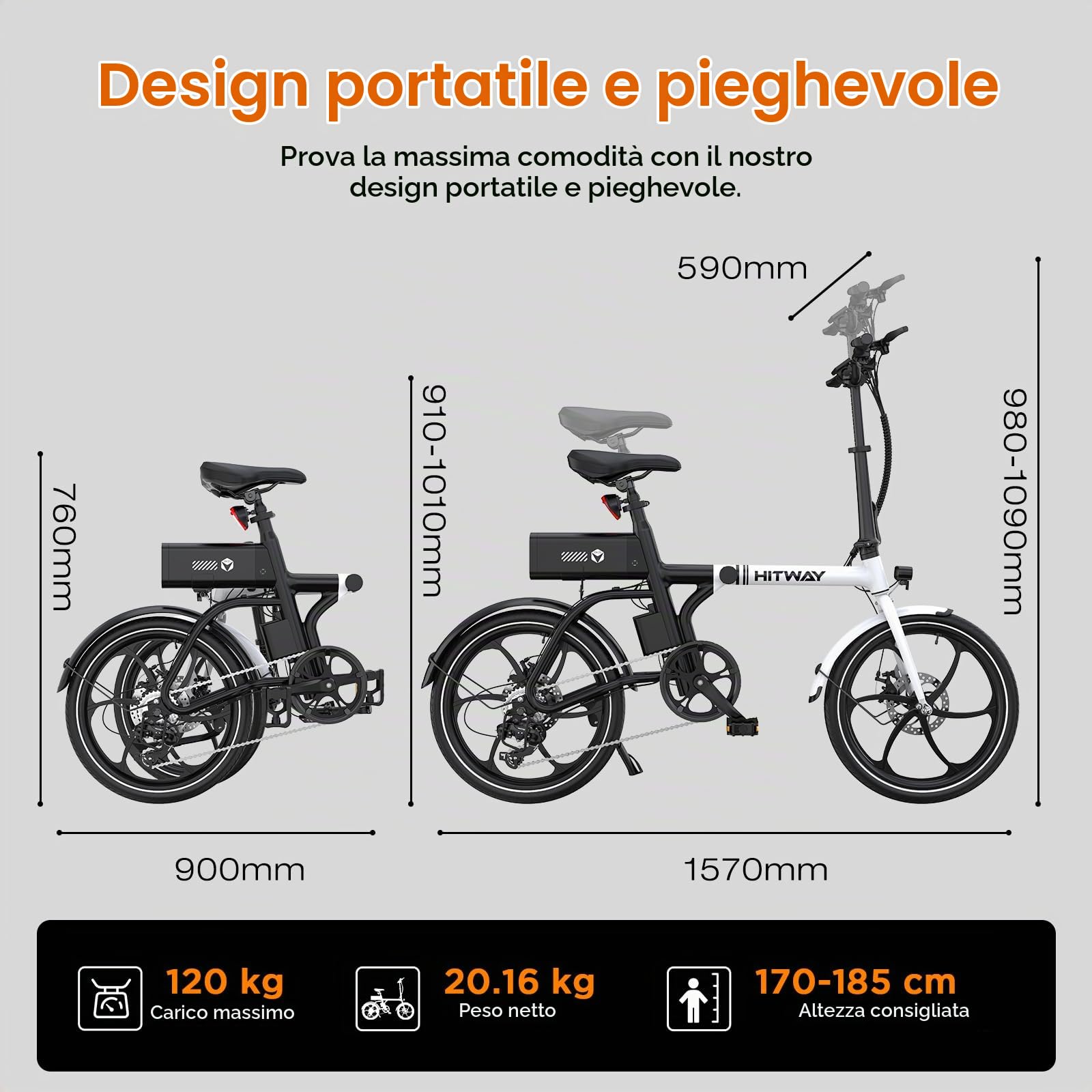 HITWAY Bicicletta Elettrica, Pieghevole E Bike 16/20 Pollici, Motore 250W Velocità Massima 25km/h, Batteria Al Litio 36V 9Ah, Autonomia 35-70/40-65km, Bici elettrica Urbana Pedelec per Adulti