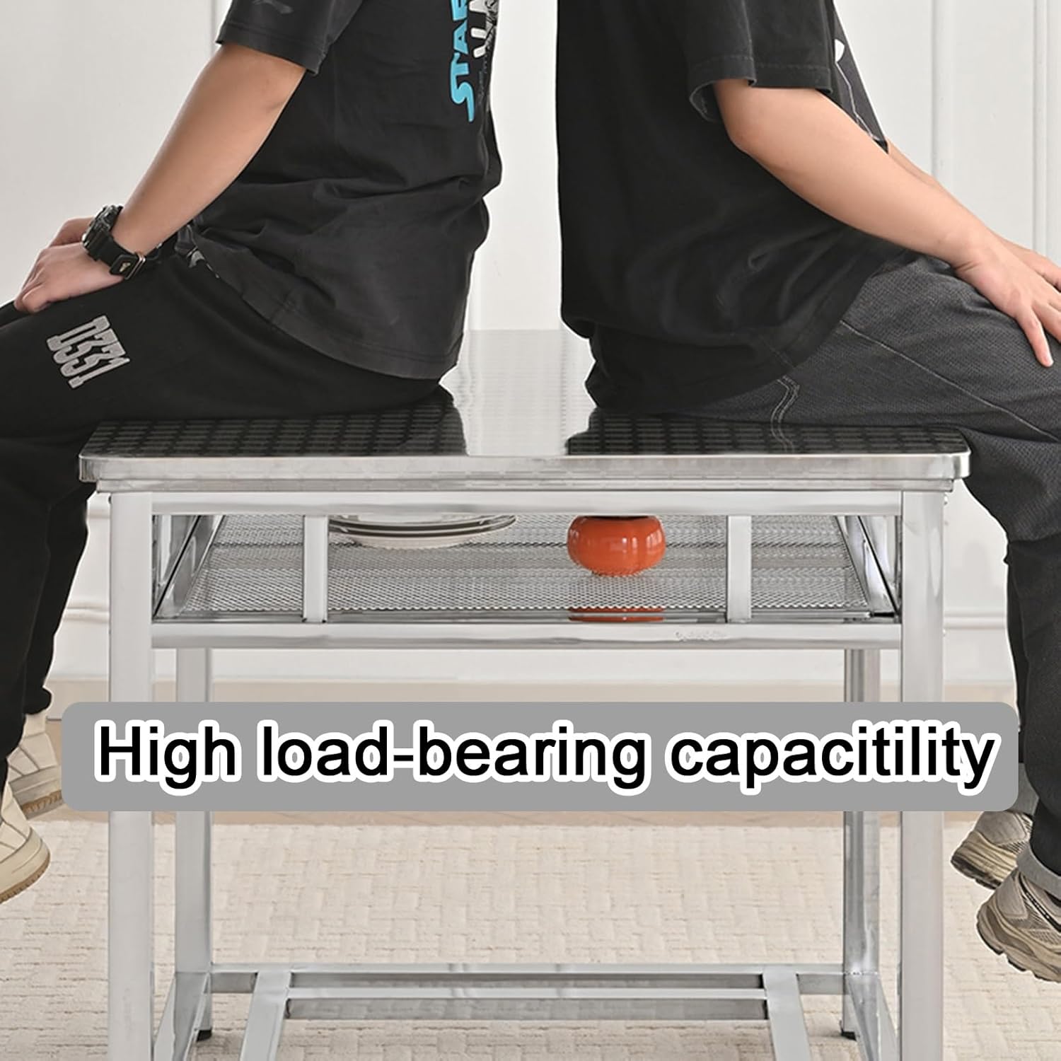 Square Stainless Steel Embossed Workbench Double-Layer Mesh Storage Shelf Kitchen Work Table Adjustable Leveling Feet H75/78 Cm Thickened Countertop Rounded Corners High Load Capacitility