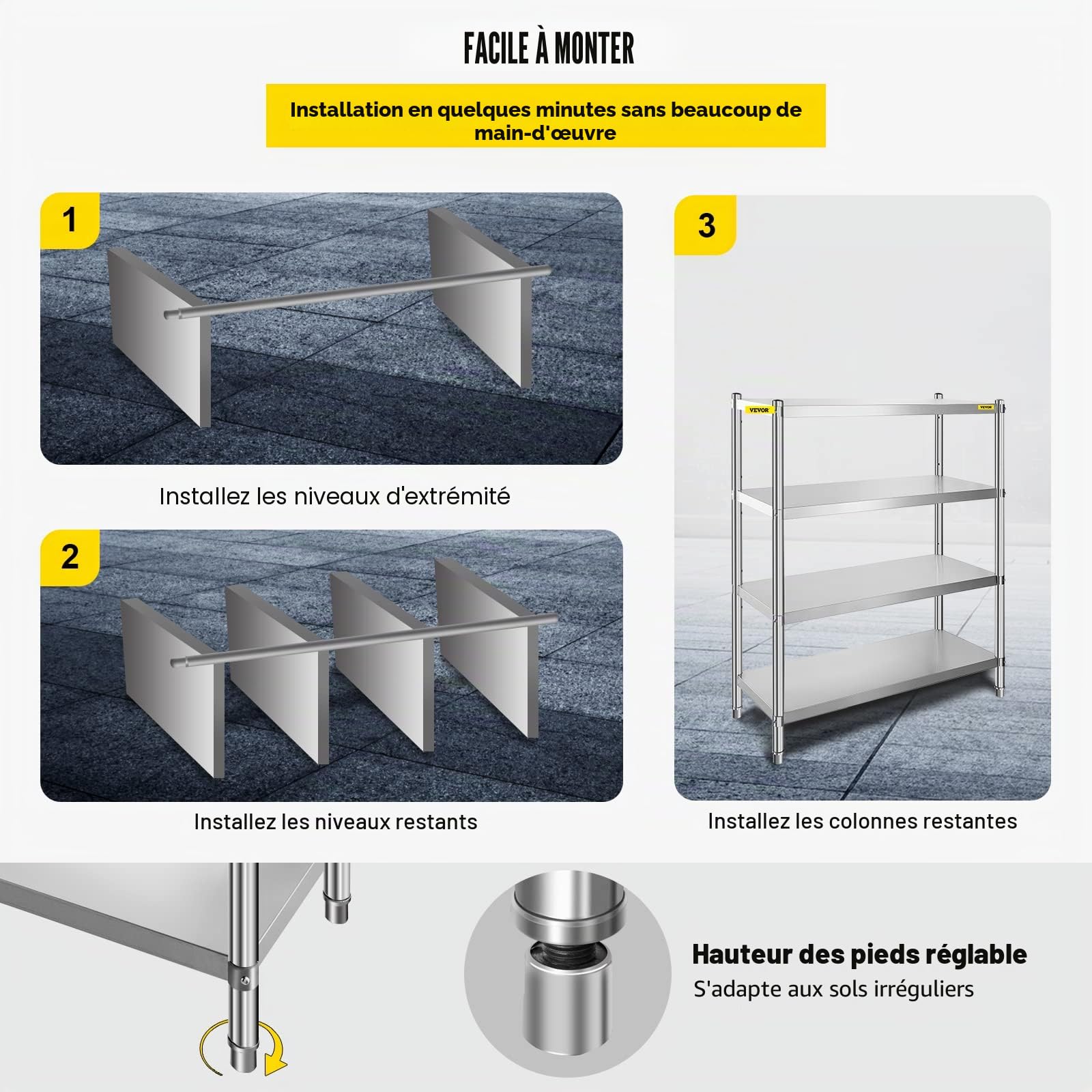 VBENLEM Étagères Inox de Rangement de Cuisine Capacité de Charge 150 kg Table à Épices à 4 Niveaux avec Accessoires d'Assemblage Meuble pour Cuisine Garage Atelier Entrepôt Balcon 122x48x150 cm