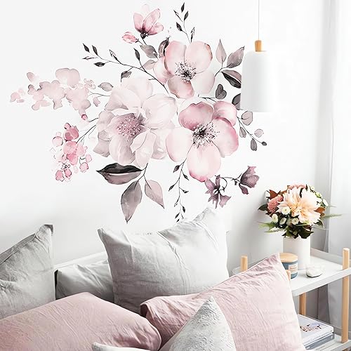 Calcomanías de pared de flores de peonía rosa, sacinora acuarela romántica floral, calcomanías de pared de vinilo removible para niñas, guardería,