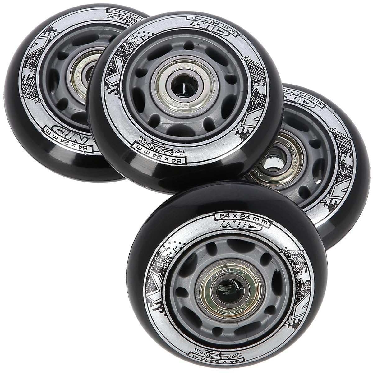 Lot de 4 Roues de Rollers en PU 64 mm / 82 A + roulements ABEC9 Noir Nils