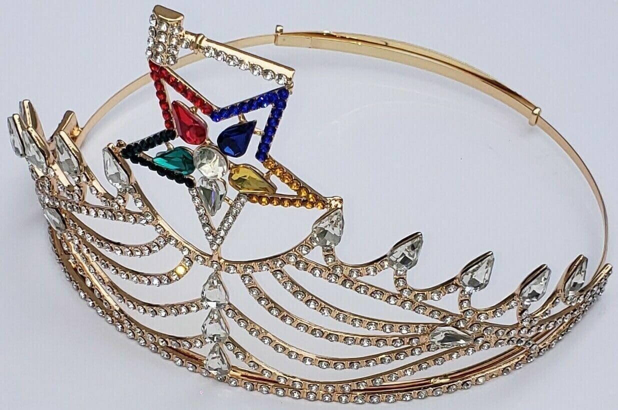Masonic OES Matron Gold Plated Rhinestones O.E.S Adjustable Crown With Gavel