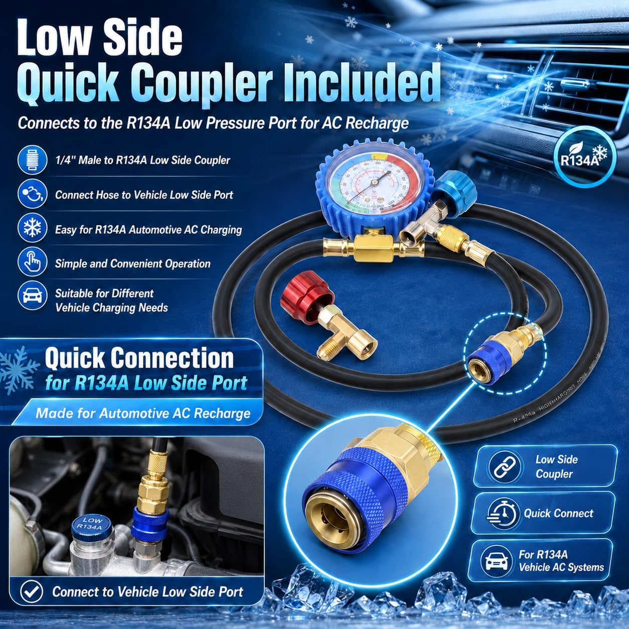 R134A Refrigerant Recharge kit with AC Manifold Gauge, 59in 800PSI Charge Hose,Copper Piercing & Self-Sealing Can Taps,134A Low Side Quick Coupler for Car Freon Charging