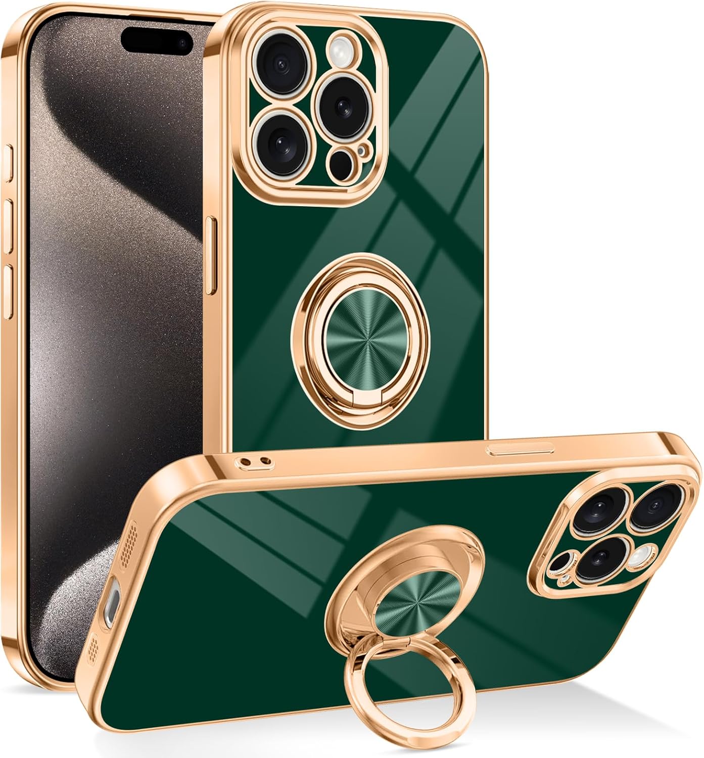 Dinick Designed for iPhone 15 Pro Max Case with Ring Holder Soft TPU Bumper Glitter Plated Slim Cover for Women Men Finger Stand for iPhone 15 Pro Max Case Green and Gold