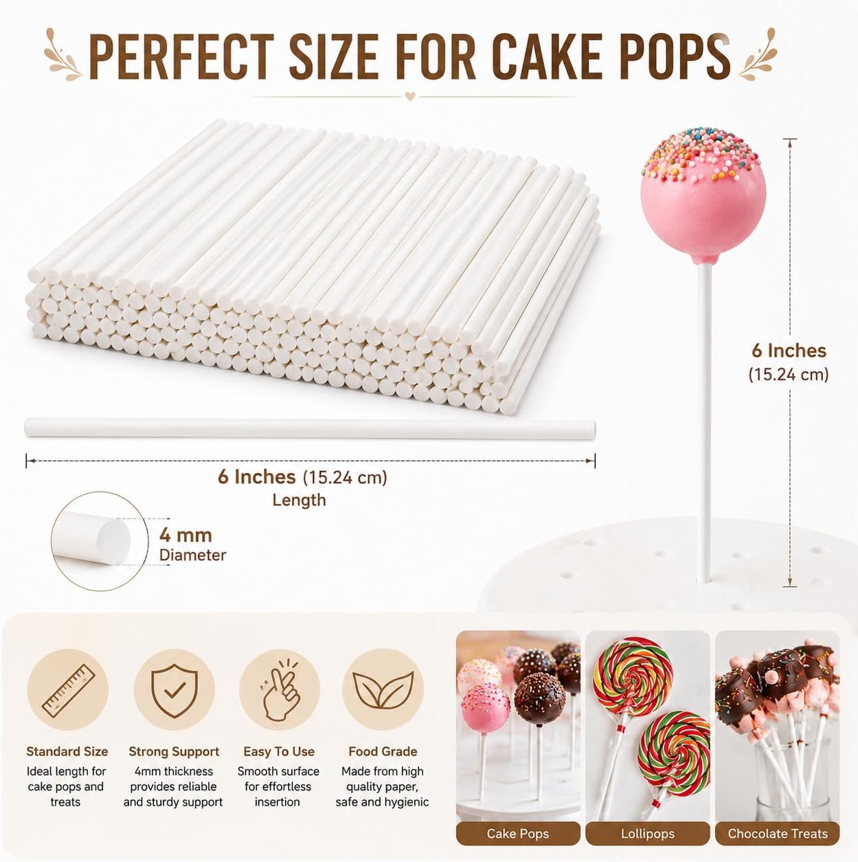 Lollipop Sticks 100 Pcs Cake Pop Sticks 6-inch Cake Candy Chocolate Making Sticks Decoration Supplies for Party, Chocolates Making Tools