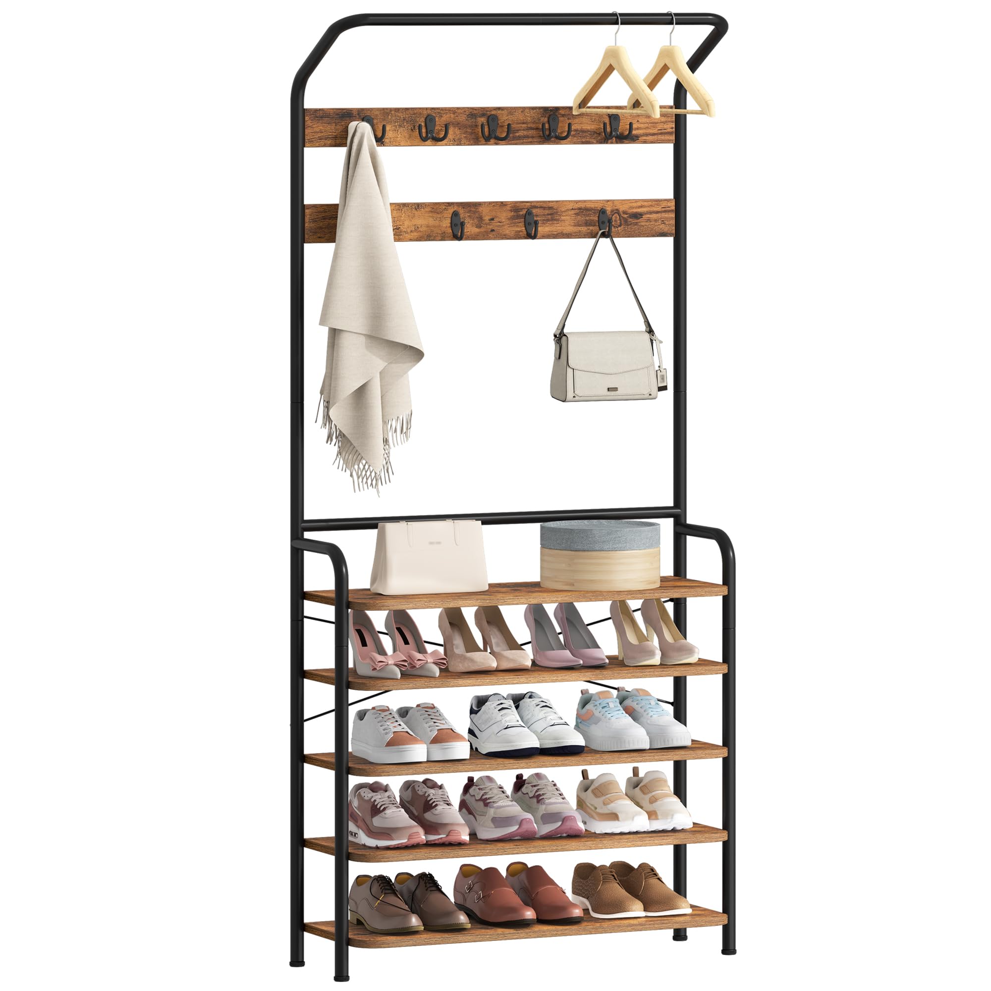 Hzuaneri Appendiabiti con Scarpiera, Mobile Ingresso con 5 Livello Scarpiera, 9 Ganci, 1 Barra Attaccapanni, 30 x 78,5 x 195cm, per Entrata Corridoio, Marrone Rustico HT19001B