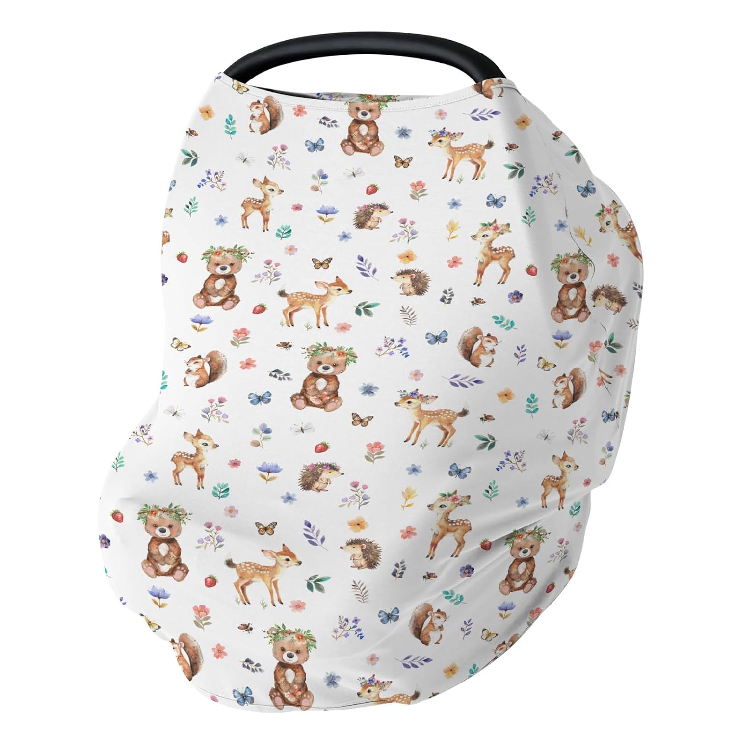 Jungle Safari Animals Baby Car Seat Covers Elephant Zebra Giraffe Leopard Trees Stretchy 5-in-1 Cover Adjustable Car Canopy Cover Zoo African Animal Breathable Nursing Cover-Up