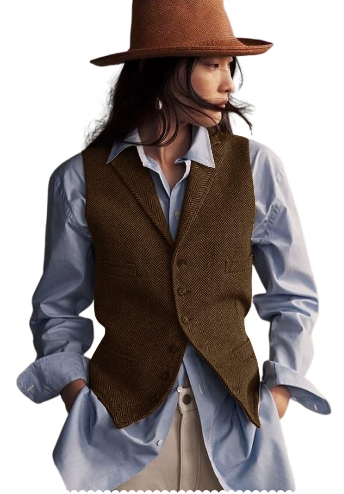 drahance Womens Herringbone Tweed Waistcoat Lapel Sleeveless Blazers V Neck Work Office Suit Vests-picture-12