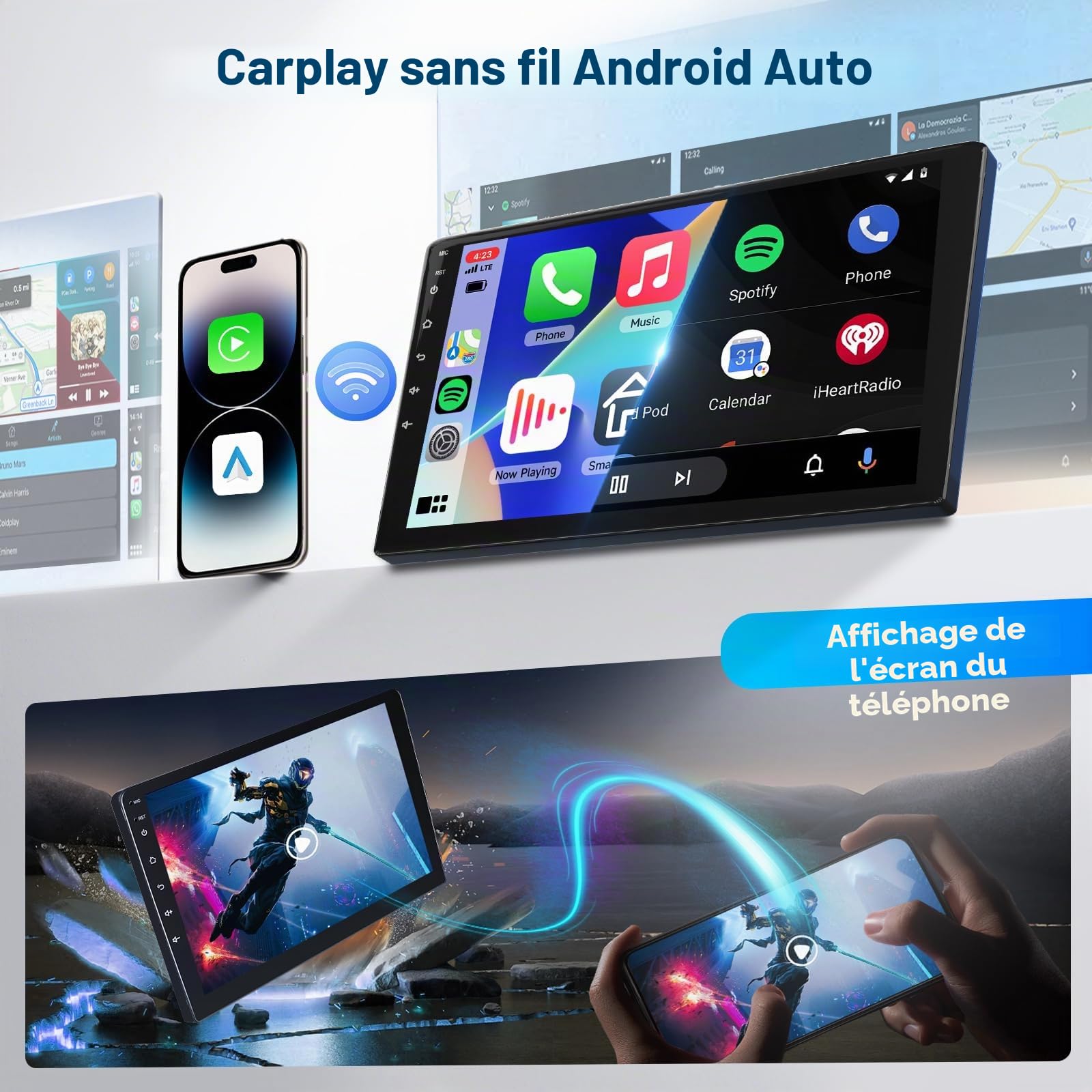 Autoradio CarPlay sans Fil pour Peugeot 308 408 2007-2015, Android 15, Écran Tactile 9 Pouces, Android Auto, GPS, Bluetooth, WiFi, FM/RDS, DSP, Caméra de Recul, 2Go+64Go