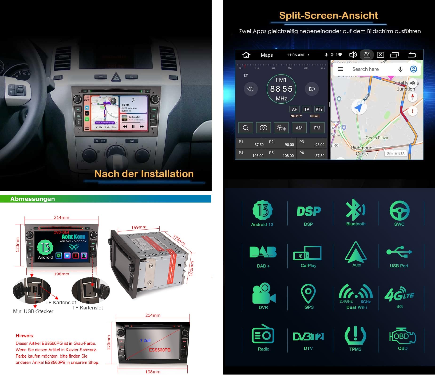 8 Núcleos Android 14 GPS Navegación Estéreo de Automóvil para Opel Corsa C Antara Vectra C Astra H Corsa D Zafira Signum Con Carplay Android Auto Bluetooth 5.0 WiFi DVD DSP RDS OBD DAB 4GB+64GB