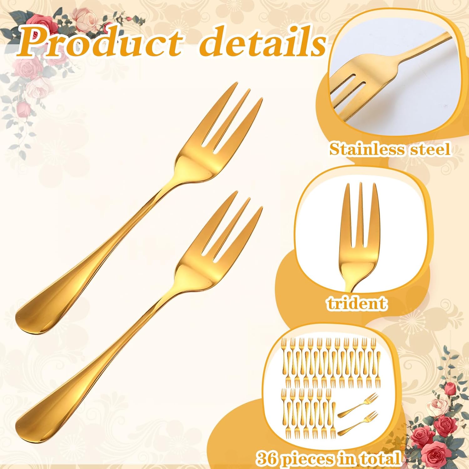 36 Pcs Gold Stainless Steel Dessert Forks, 3-Tine Mini Oyster Fork Appetizer Seafood Cocktail Salad Fruit Tableware, 5.6 Inch Elegant Mirror Polished for Party Travel Picnic Buffet Wedding