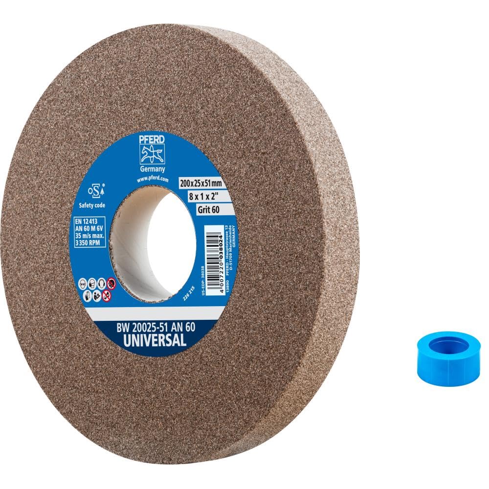PFERD Vitrified Bench Grinding Wheel - Universal, 8" Diameter, 1" Thick, 2" Arbor, 60 Grit, Aluminum Oxide, for General Metalworking - Part 61680