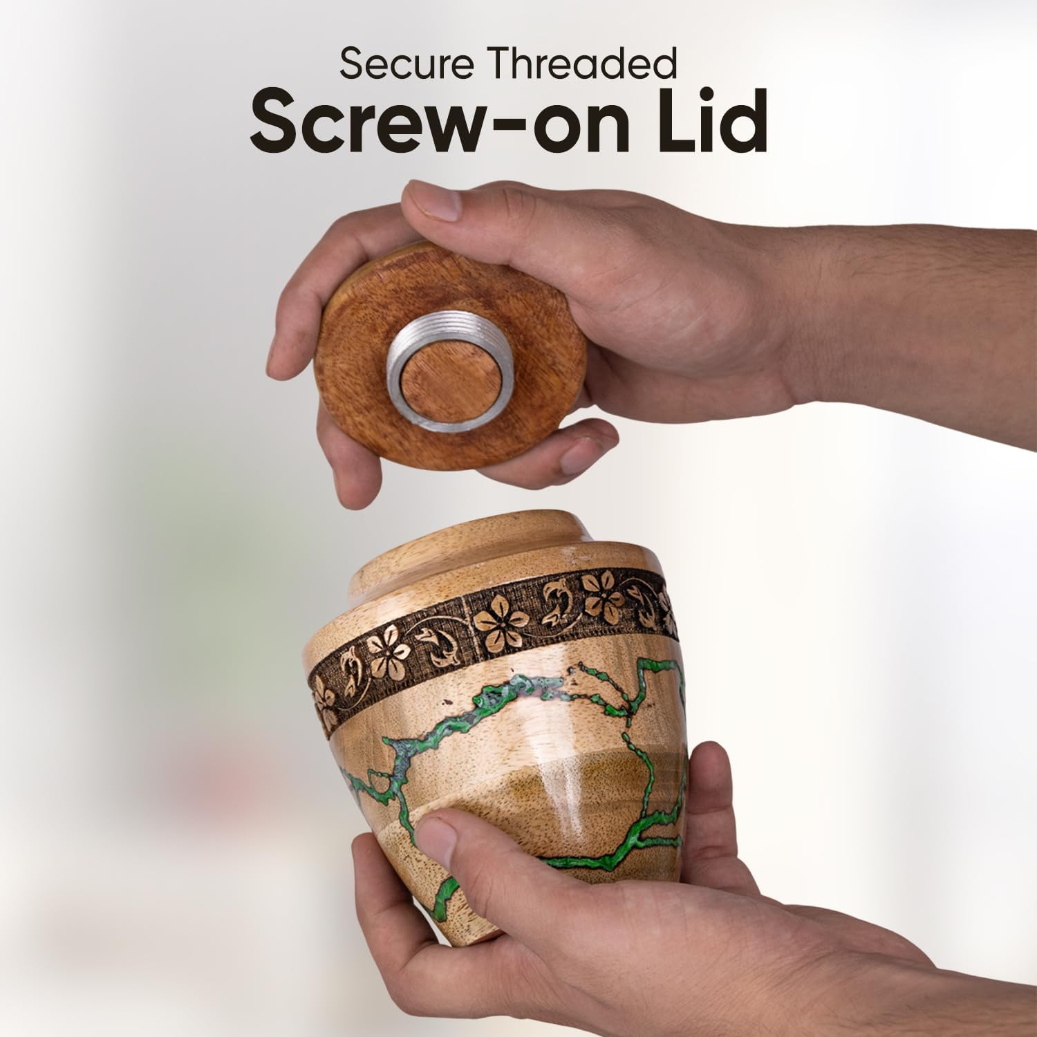 Small Wooden Urns for Human Ashes – 20 lb Green Thunderstorm Pattern Cremation Urn, Decorative Keepsake Burial Container for Ashes Adult Male or Female Memorial Display