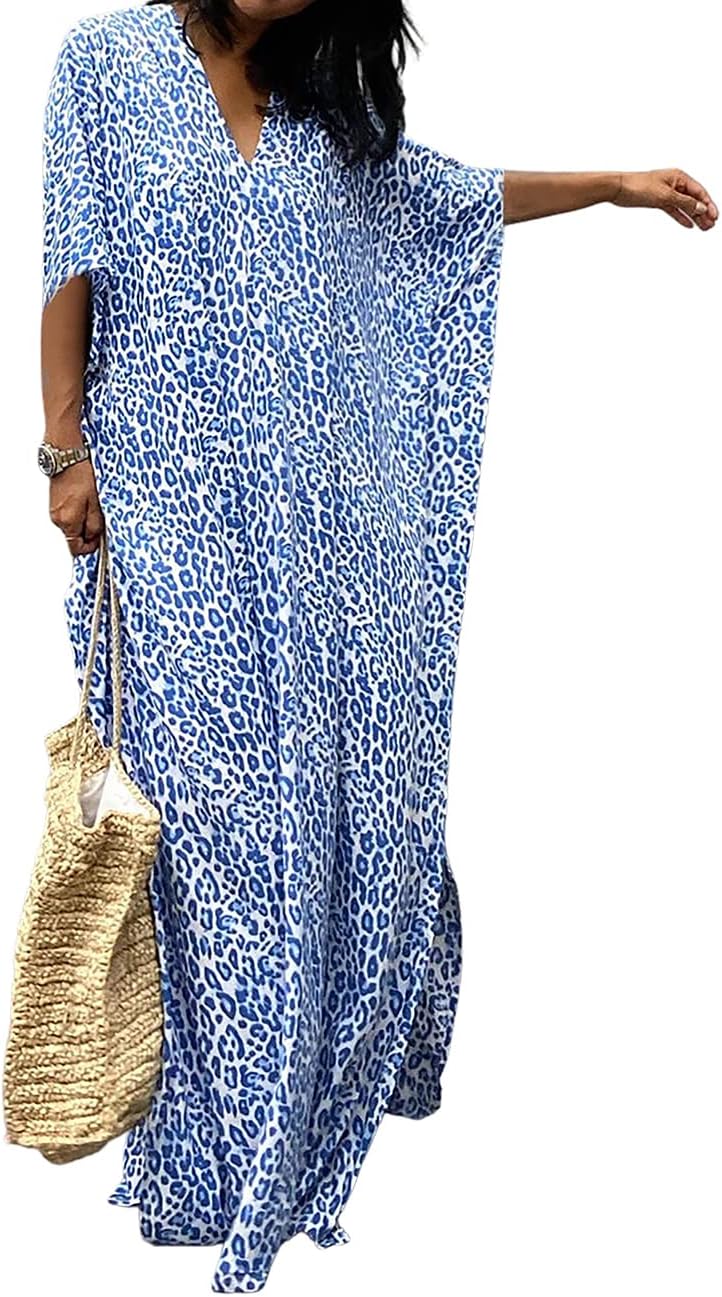 Bsubseach Beach Kaftan Dresses Cheetah Long Rayon Caftan Swim Cover Up Muumuu Animal Dress Oversized Coverups Swimwear