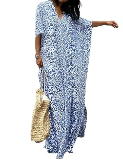 Bsubseach Beach Kaftan Dresses Women Button Down Long Rayon Caftan Swim Cover Up Muumuu Dress Oversized Coverups With