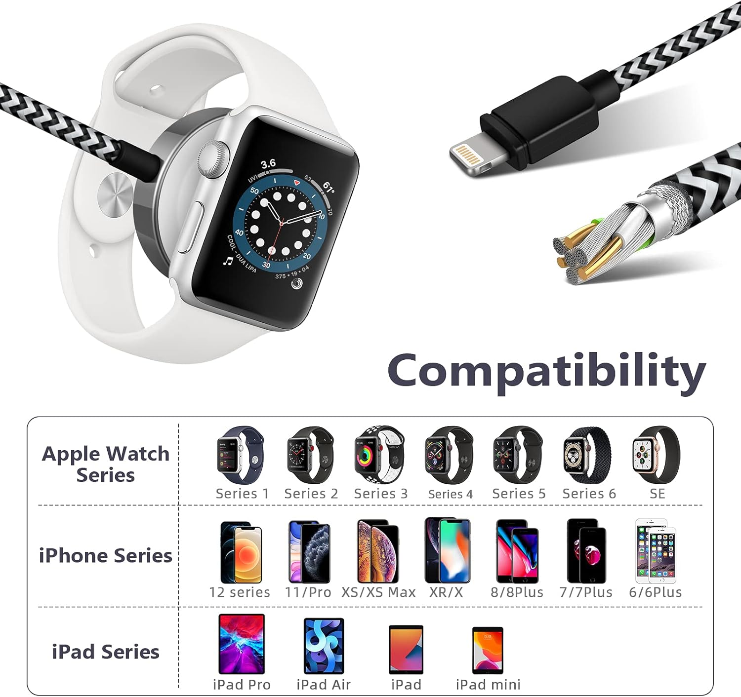 CulaLuva Smart Watch Charger,Magnetic Charging Cable 2.0ft/0.6M for iWatch Charger Compatible with Apple Watch Series SE/6/5/4/3/2/1 & Phone 12/11/Pro/Max/XR/XS/XS Max/X&Pad Series : Cell Phones & Accessories