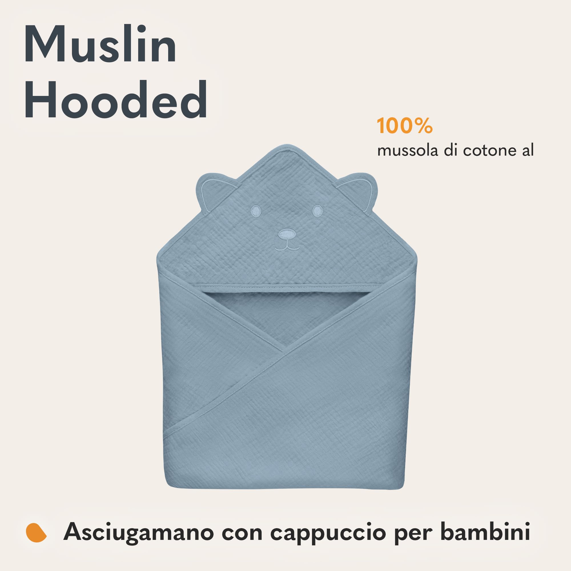 lionelo MUSLIN HOODED TOWEL Asciugamano con Cappuccio 80x80cm per neonato 100% Cotone Naturale Swaddle in Mussola dopo Bagnetto Mantella da Bagno Traspirante Morbida per Bambini (Blu, 80x80 cm)
