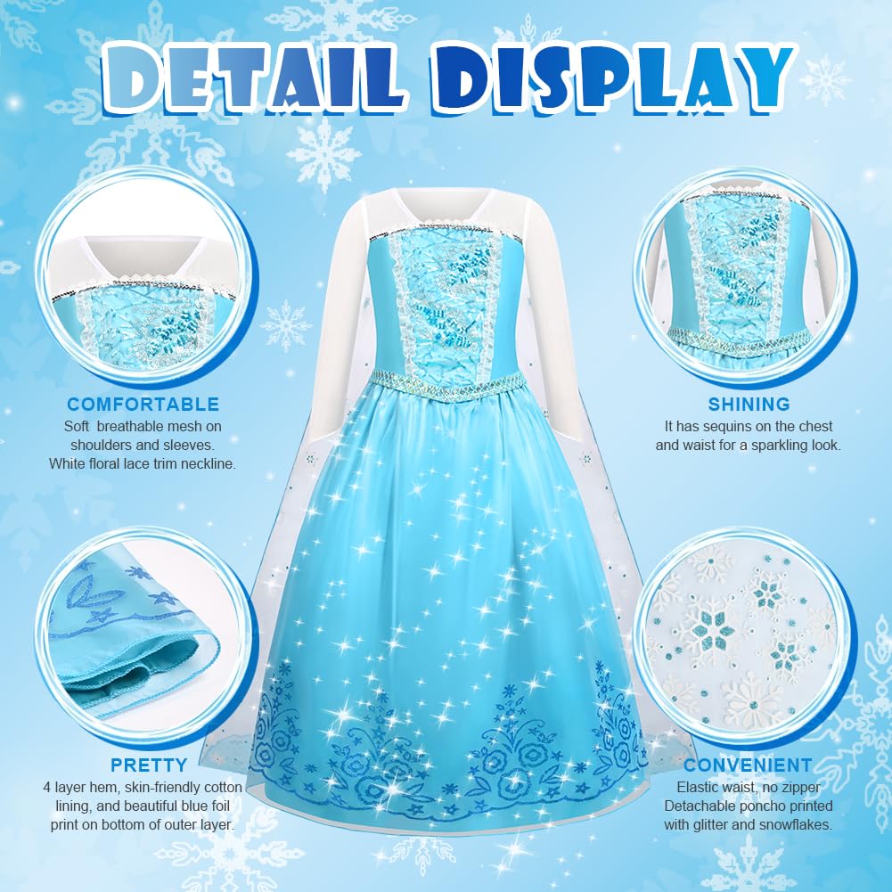 ACWOO Elsa Vestito Set, Costume Elsa Congelamento Bambina, Set da Principessa con Corona Bacchetta, Elsa Vestito Bambina per la Halloween Natale Cosplay Party Compleanno Vestito Fantasia