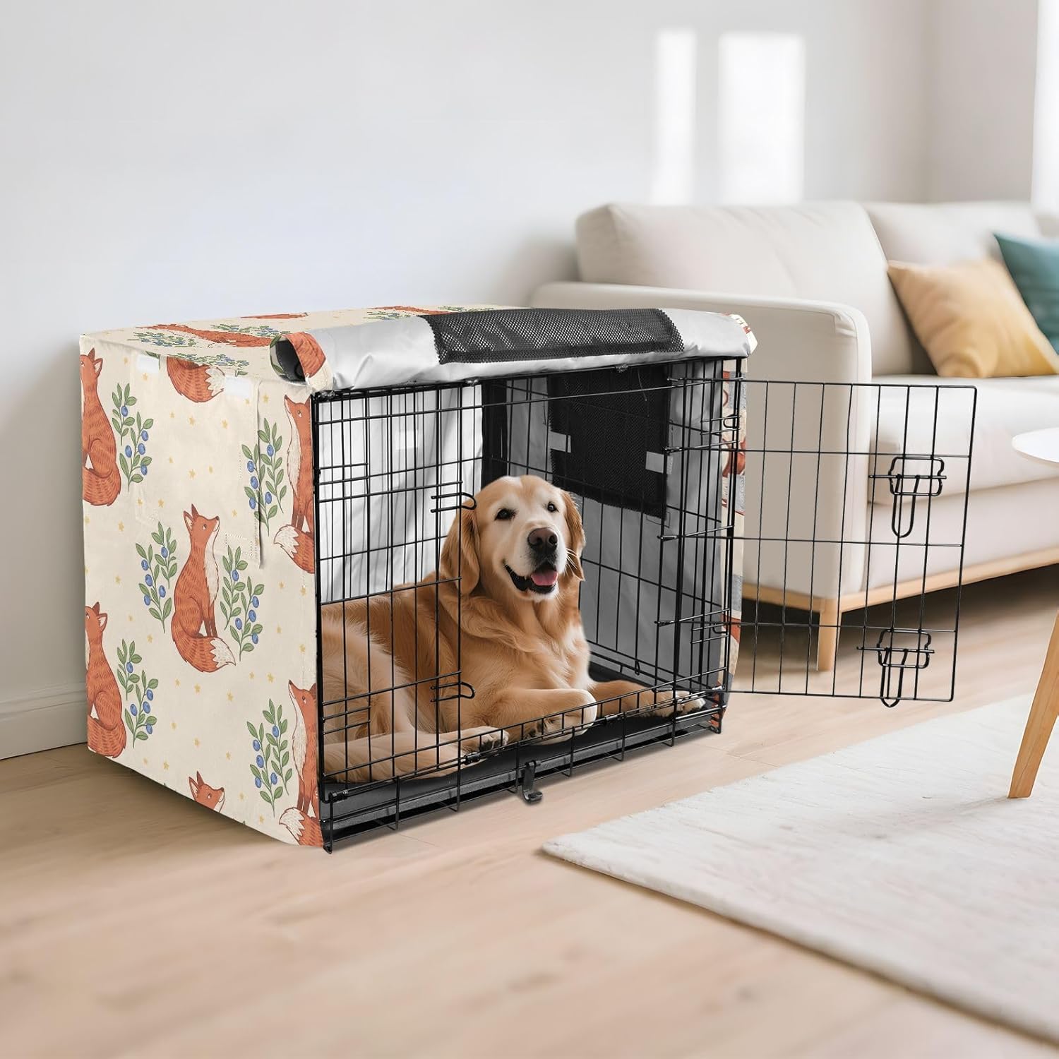 Duty 600D Silver Coated Dog Crate Cover, Water-Resistant Fox Print Pet Kennel Canopy with Mesh Windows for Optimal Ventilation, Universal Fit for Standard Wire Cage, Indoor & Travel