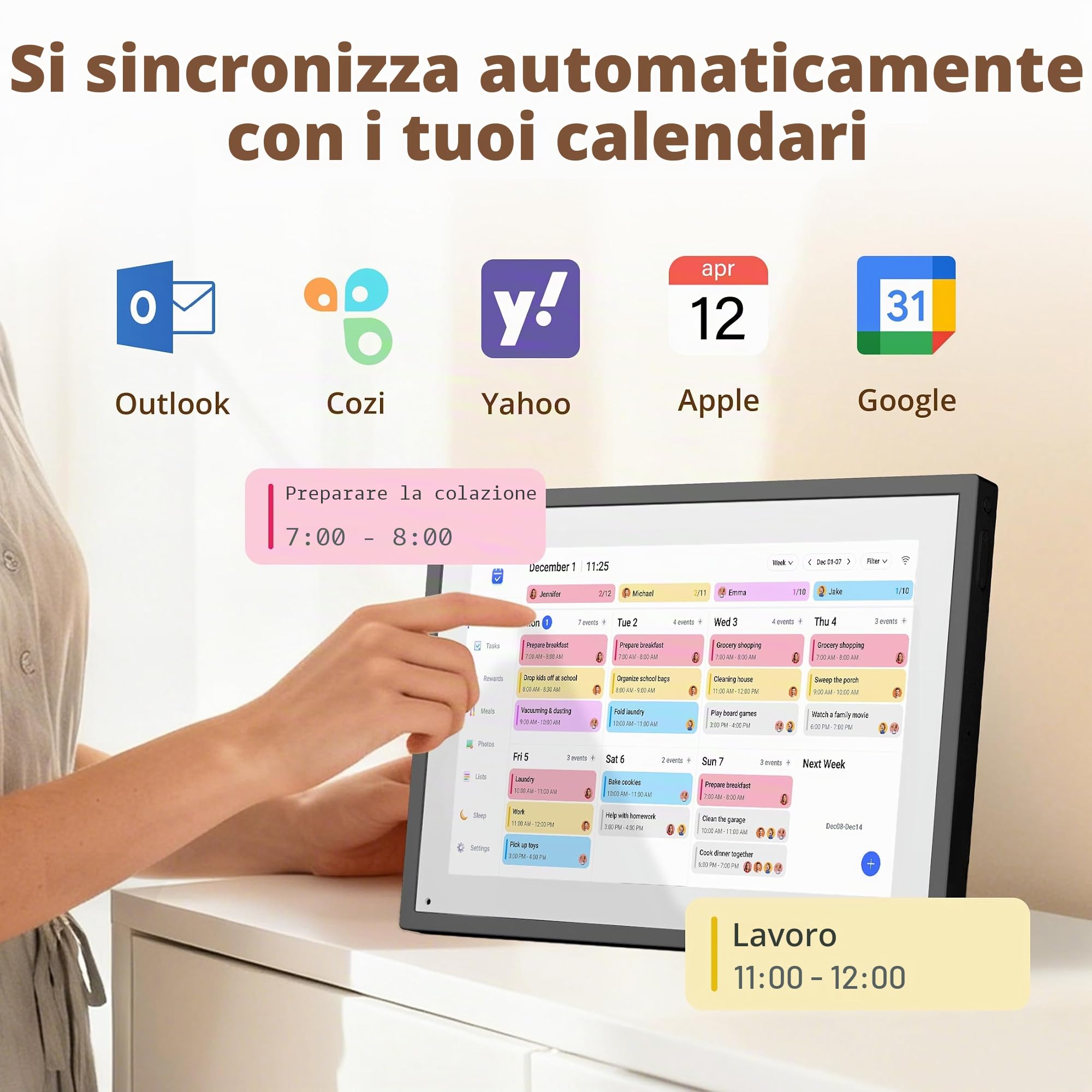 Calendario digitale da 25,4 cm, touch screen, calendario elettronico e grafico delle attività per pianificatore familiare mensile/settimanale, calendario intelligente interattivo con premi