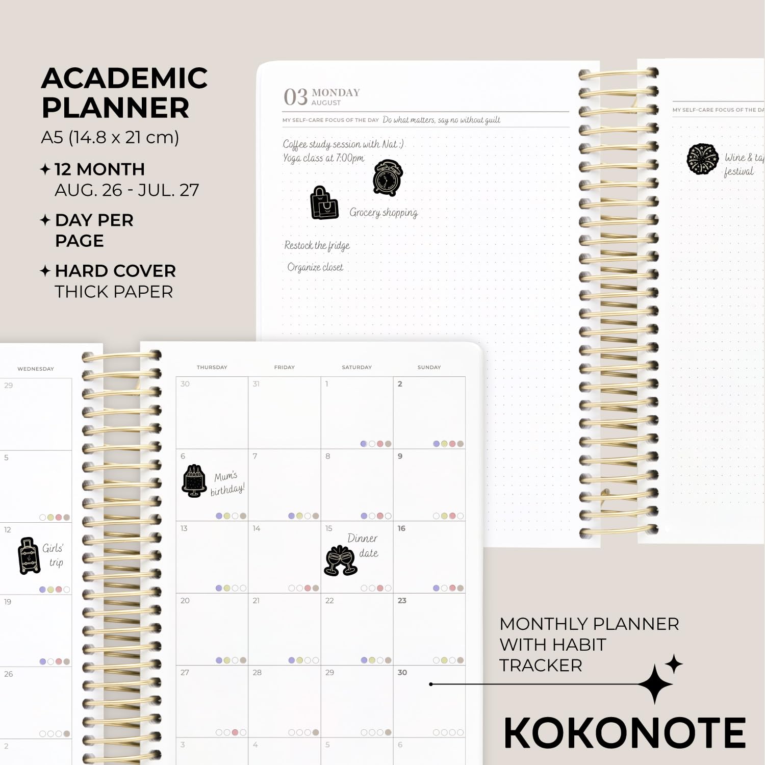 Kokonote A5 Academic Diary 2026-2027 Page a Day - Seasonal Flowers | Back to School Planner 2026-2027, Mid Year Diary 2026 2027 Day per Page, A5 Planner | Aesthetic Stationery Gifts