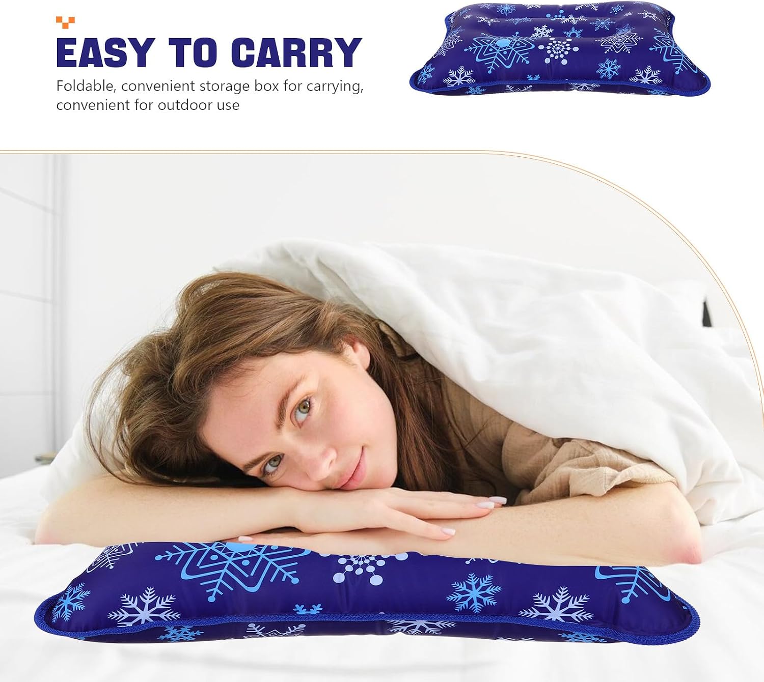 Angoily Inflatable Cooling Pillow for Summer, Waterproof Self-Inflating Travel Pillow with Water-fillable Core, 55x35 Cm Navy Snowflake Pattern, Adult Outdoor Camping and Nap Cushion