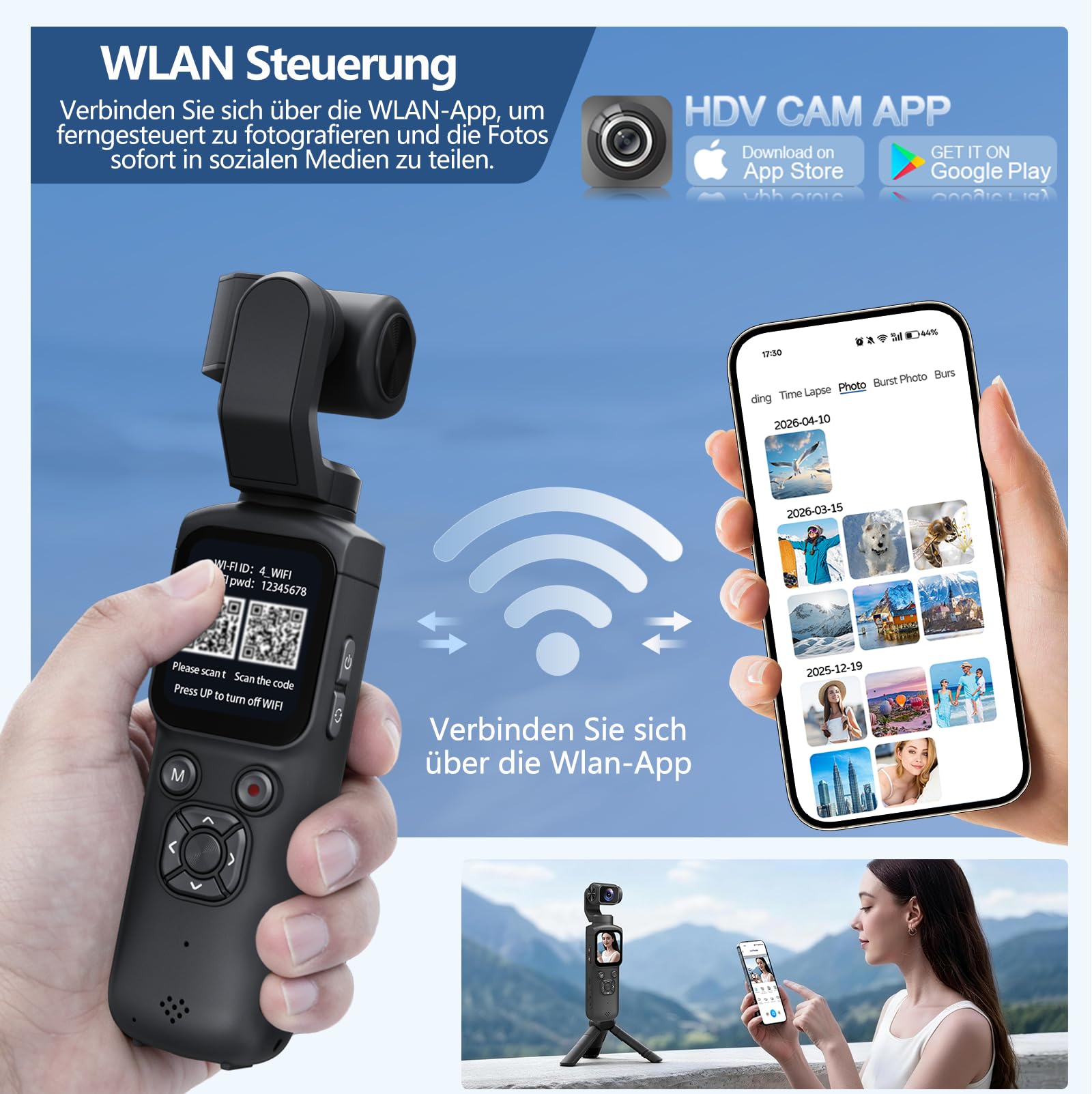 Vlog Kamera 4K, WLAN 75MP Vlogging Kamera, 1.72'' Touchscreen, schnelles Scharfstellen, Gesichtsverfolgung, Kleine Videokamera für Reisen, Outdoor Sport, mit Tripod, 16GB Karte, 2400mAh Akku