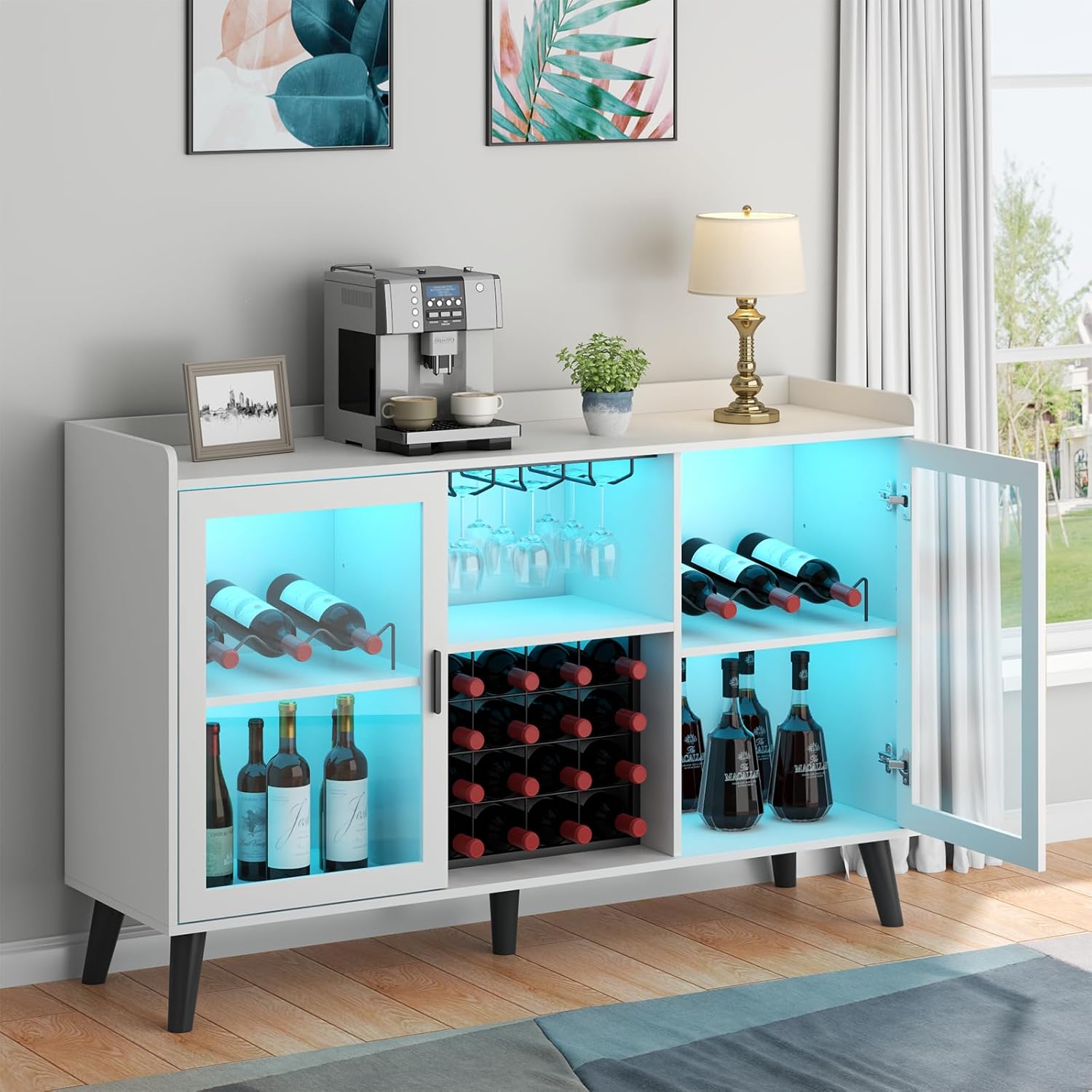 Cabinet with LED lights showing different color options