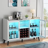 Vista 8 de Auromie Gabinete de bar de vinos con luz LED, gabinete de café para el hogar con estante para vino y vidrio, aparador de cocina con estantes