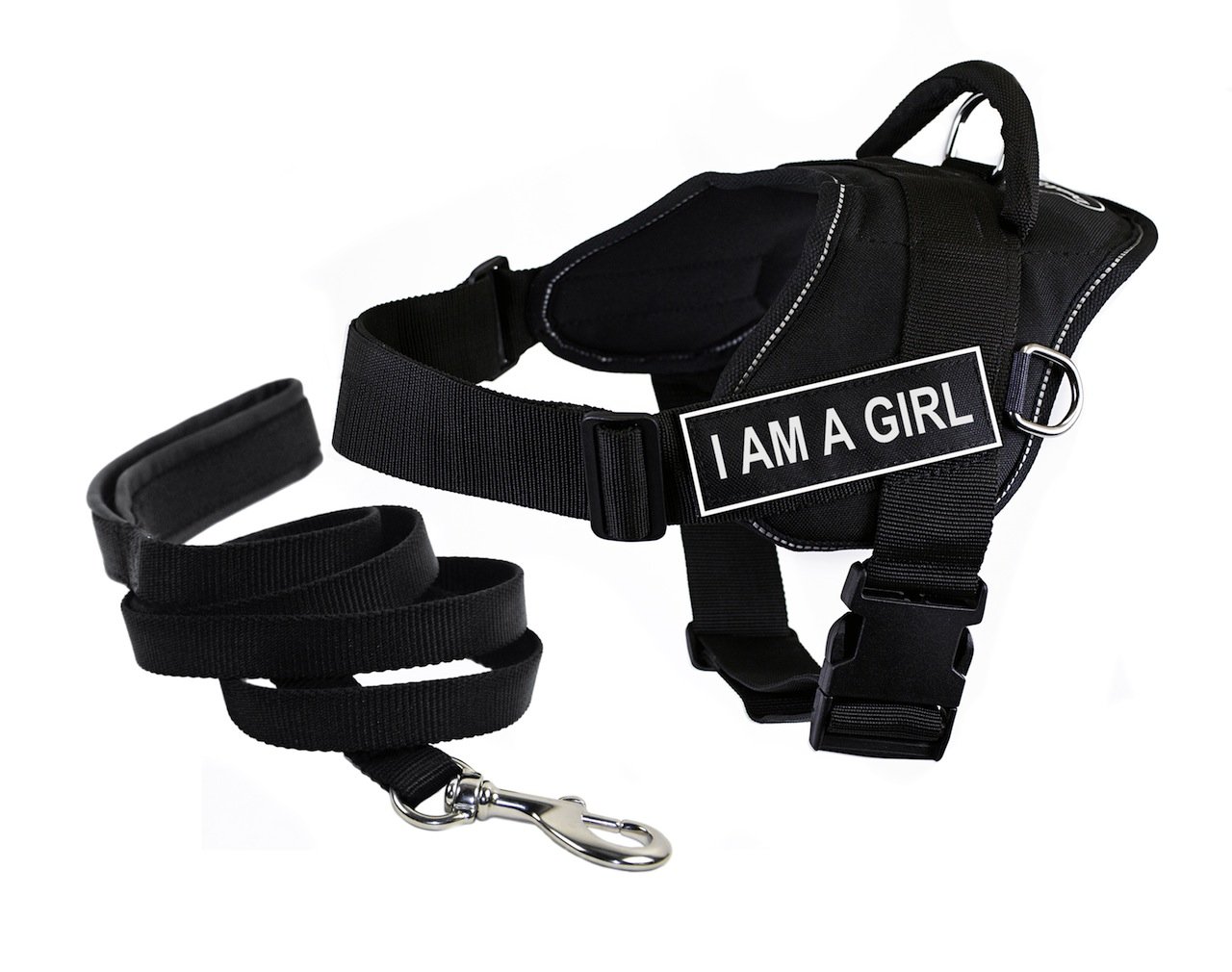 Harnais DT Fun I Am A Girl réfléchissant avec laisse assortie pour promener votre chienne XL la nuit