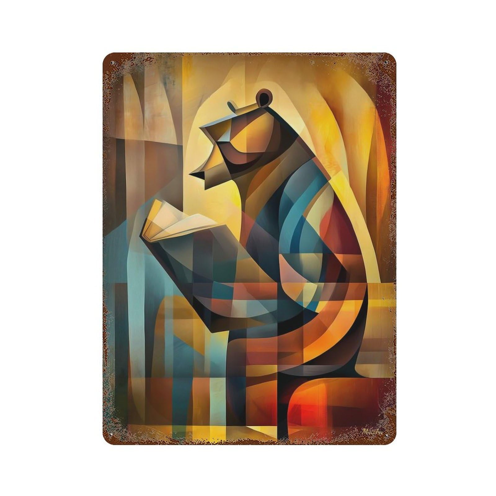 Retro Metal Sign with Charming Bear – Cubist Reader in Deep Thought Design 15.7"x11.8", for Bistro, Counter And Cafe Decor, Shabby Chic Decor
