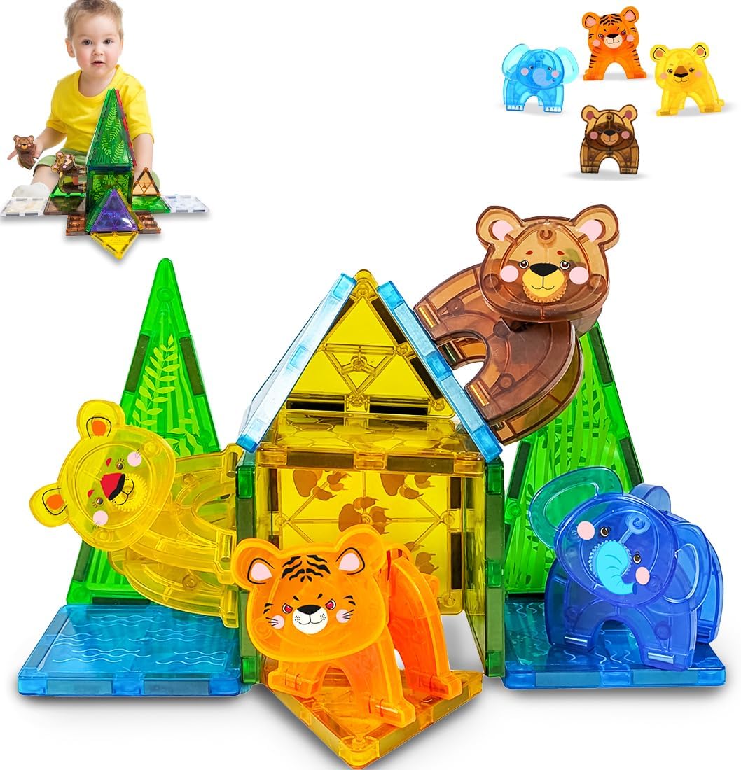 Wembley Magnetic Building Tiles Jungle Safari Construction Set STEM Learning Activities for Toddlers Forest Theme Educational Magnet Building Blocks Kids Ages 3+ Jungle Adventure-16 Pcs,Multicolour