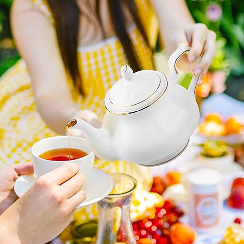 Miniatura 4 de GOMMO Tetera fina de porcelana de hueso real, 30 onzas para la tetera de cerámica Elegant Life (blanco-dorado)