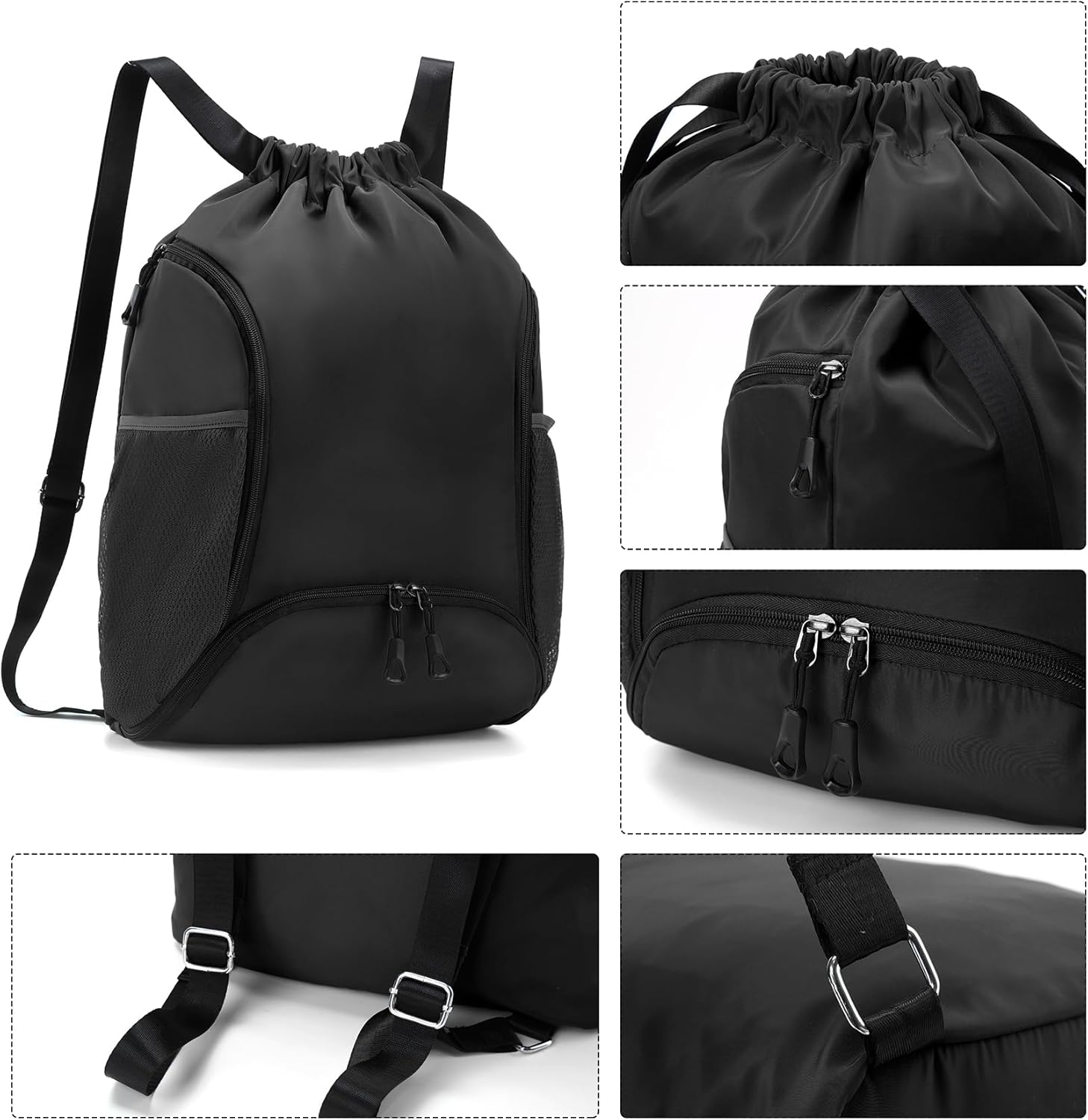 Valleycomfy Sports Gym Bag Drawstring Backpack with Shoes Basketball Bag and Two Water Bottle Holder,Black - Image 4