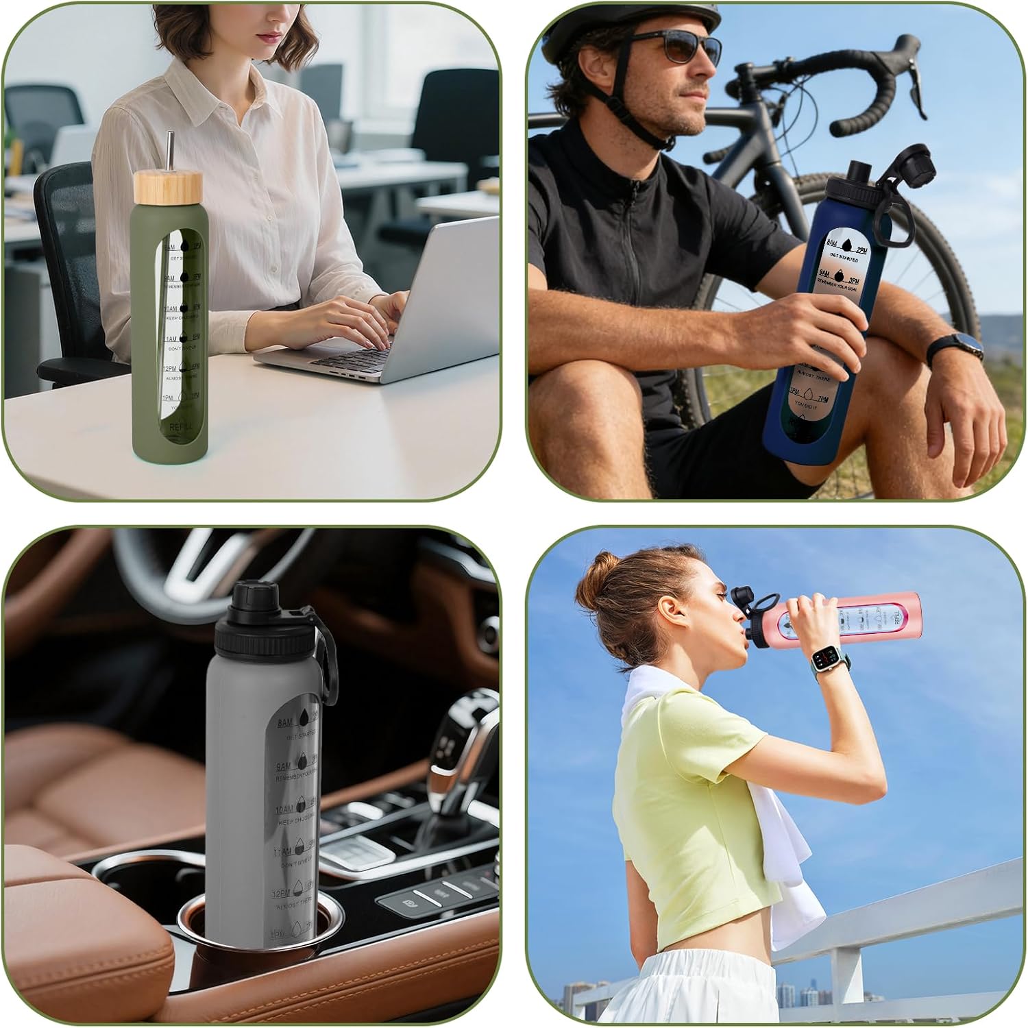 32oz Glass Water Bottle with Time Marker, 2 Lids-Handle Spout Lid & Bamboo Straw Lid, 1 Liter Motivational Borosilicate Water Bottle for Gym, Office, Travel (Green)