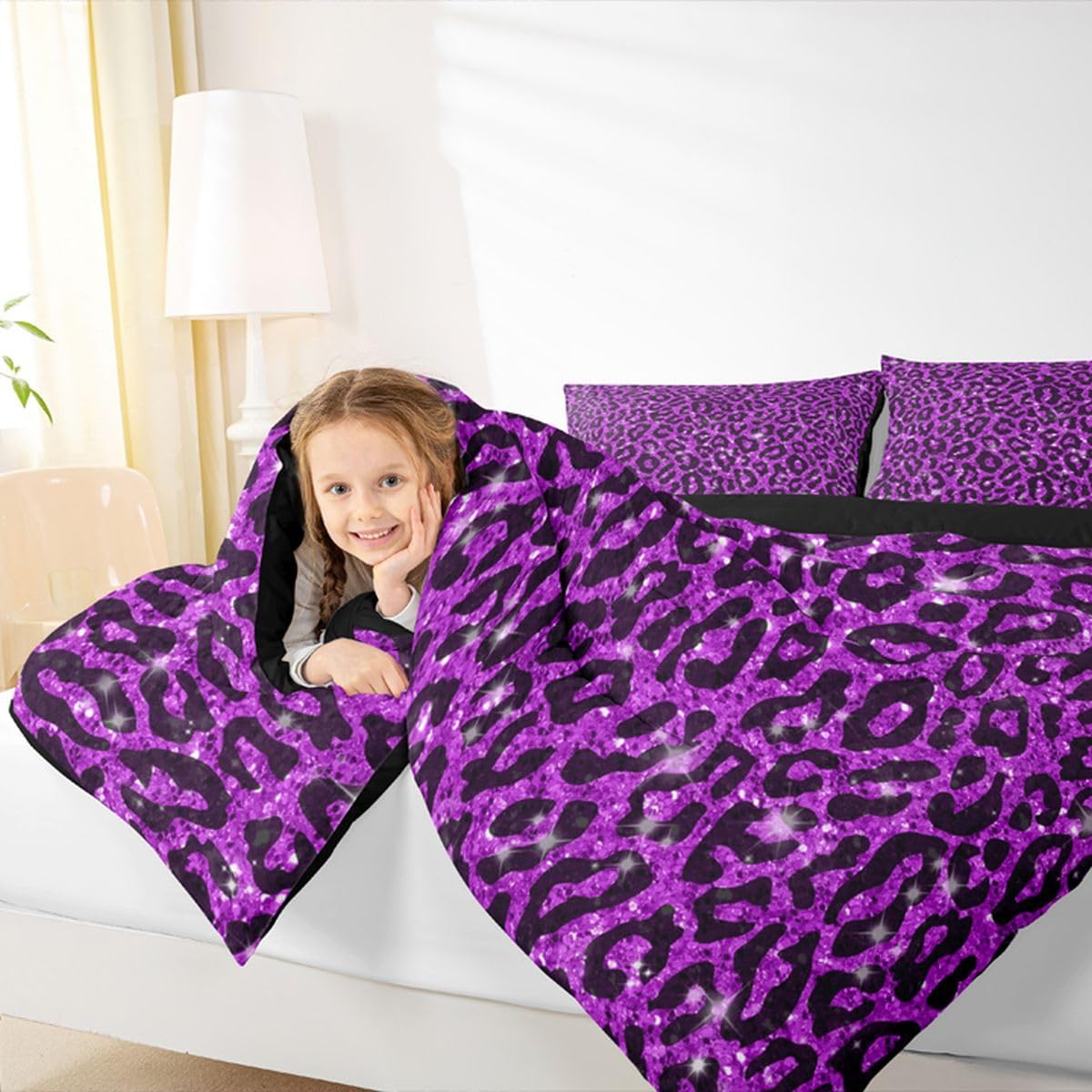 jejeloiu Leopard Bedding Set Soft for Boys Girls, Glitter Comforter Set Queen Size Cheetah Duvet Quilt Microfiber Cow Fur Bedroom Decor 3 Pcs with 2 Pillow Cases