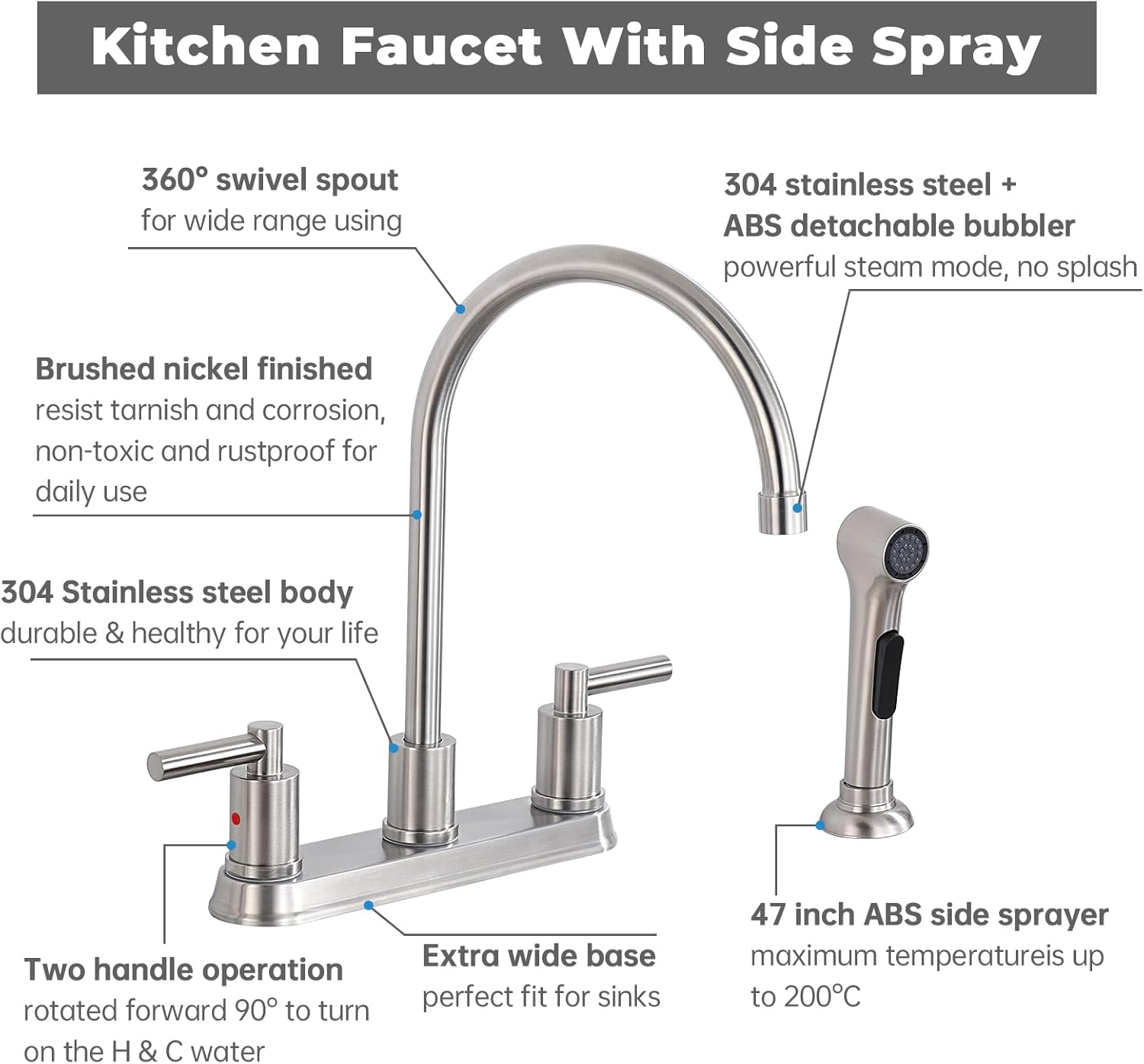 ARRISEA 2 Handle Kitchen Sink Faucet with Side Sprayer, Two Handle 4 Holes 8 Inch Centerset Kitchen faucets with 24 inch Pull-Out Side Sprayer, Brushed Nickel Stainless Steel High Arc Kitchen Tap