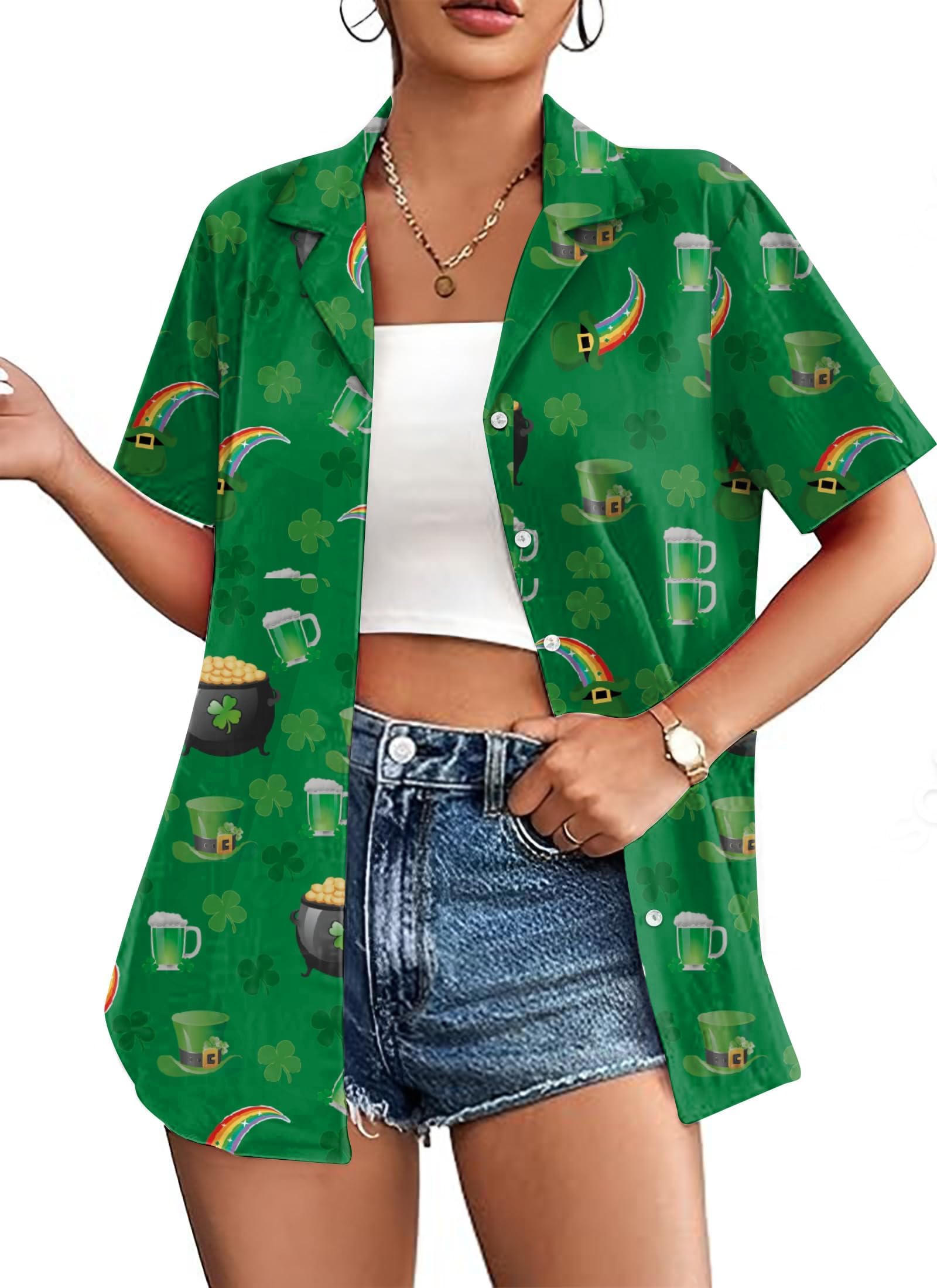 St Patricks Day Shirt Women St Paddy T Shirt Lucky Shamrock Graphic Tees Hawaiian Button Down Blouse Tops