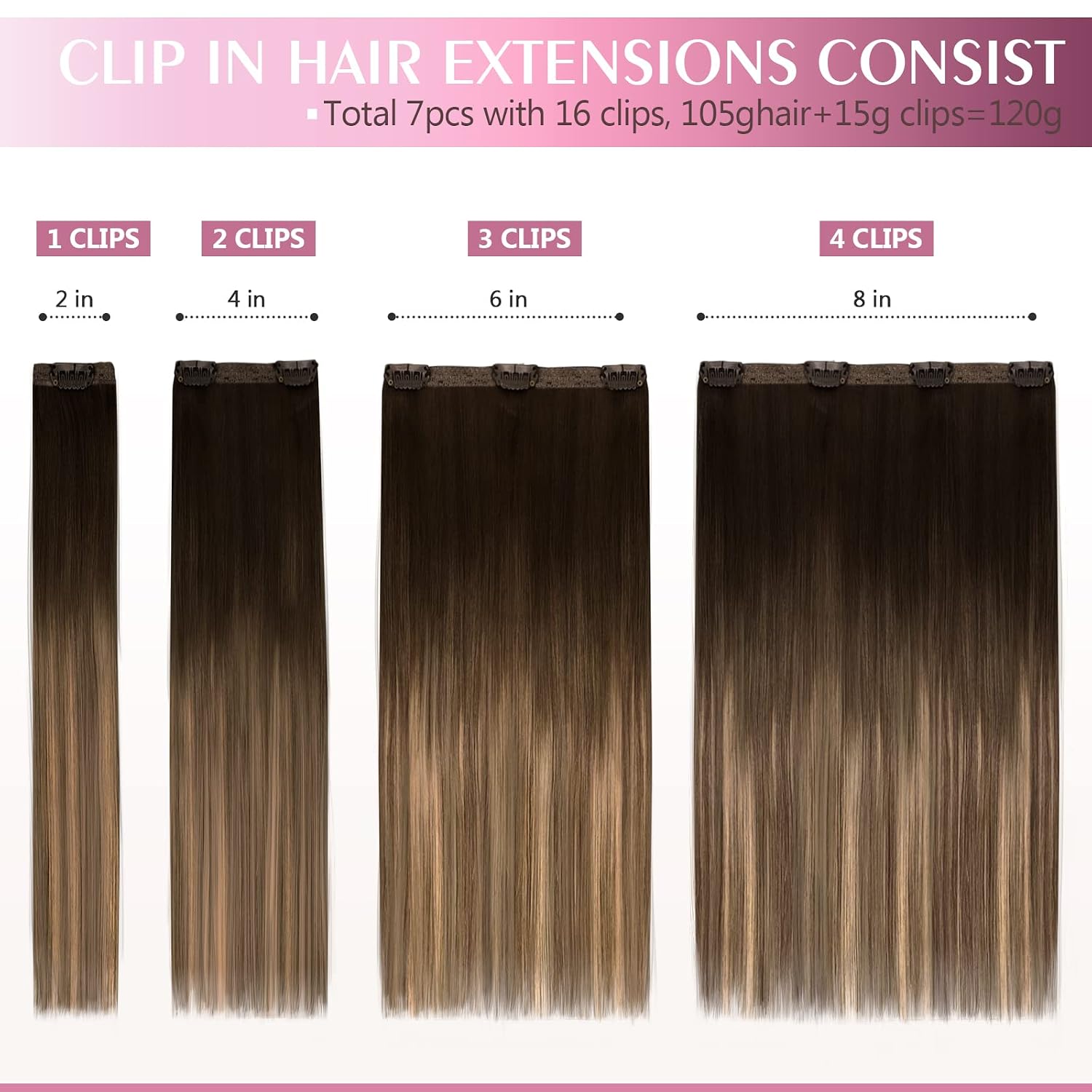 Real Hair Extensions Clip in Human Hair, Seamless Clip in Hair Extensions Real Human Hair, 18 Inch Clip ins extensions for women, Dark Brown to Chestnut Brown and Honey Blonde 120G 7Pcs