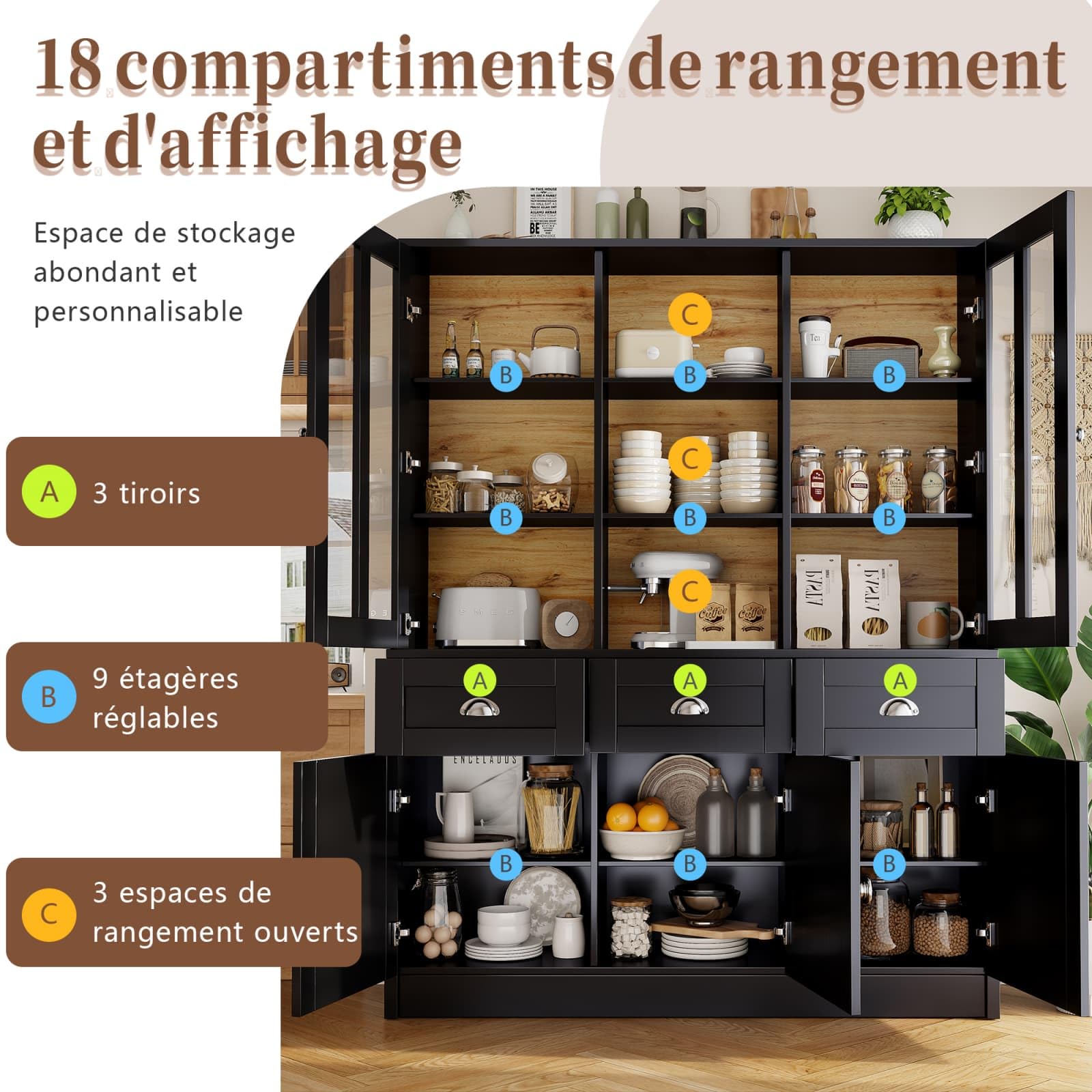KOMHTOM Armoire de Cuisine 140 x 40 x 175cm, Vitrine, Armoire de Salle à Manger, Dispositif Anti-basculement, 3 Tiroirs, 5 Portes, Étagères Réglables (Noir)