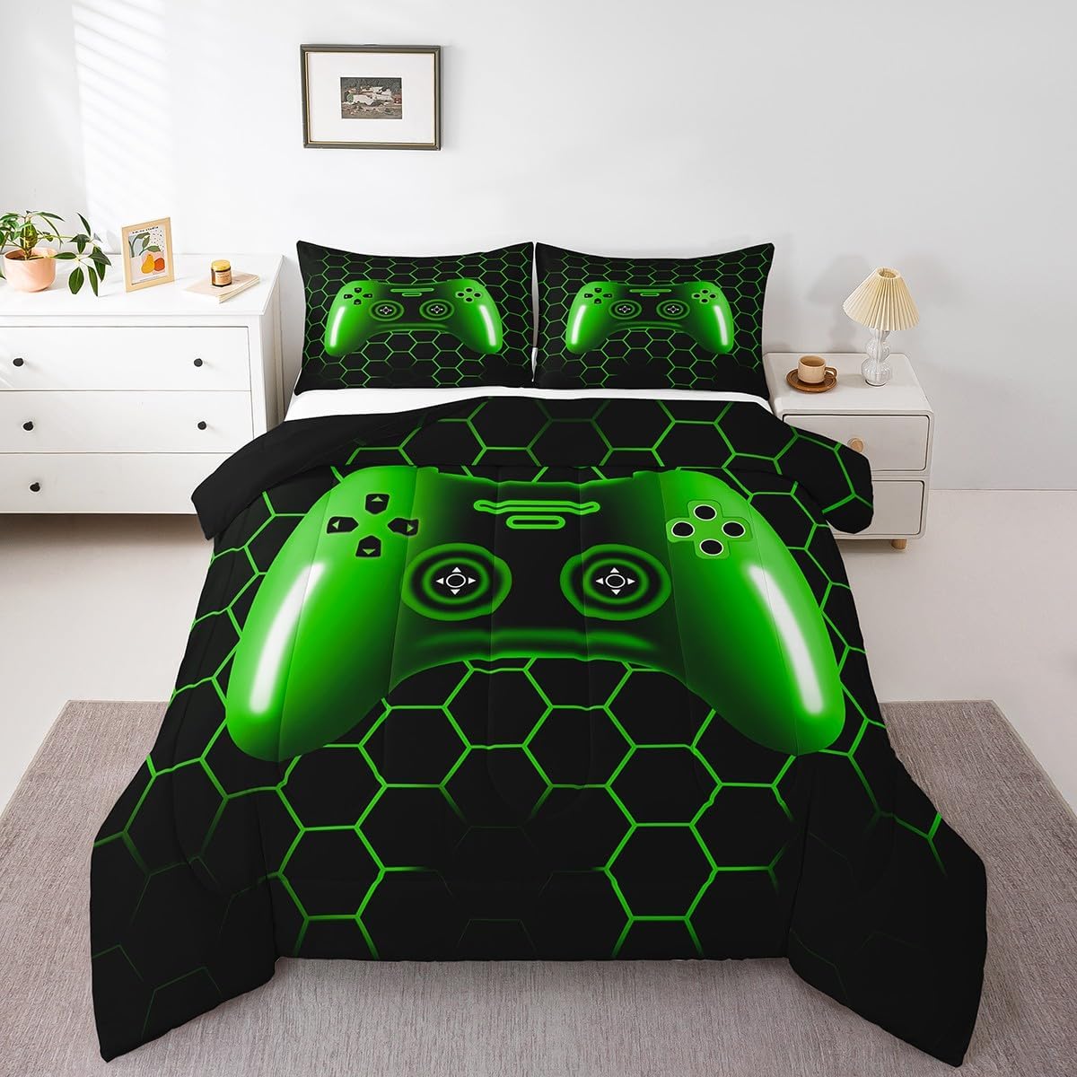 Erosebridal Gamer Comforter Set for Boys Bedding Set 3 Pcs Video Game Bedding Comforter Sets for Kids Teen Boys,Black and Green Ombre Gamepad Gaming Bed Sets with Neon Check(Green,Queen)