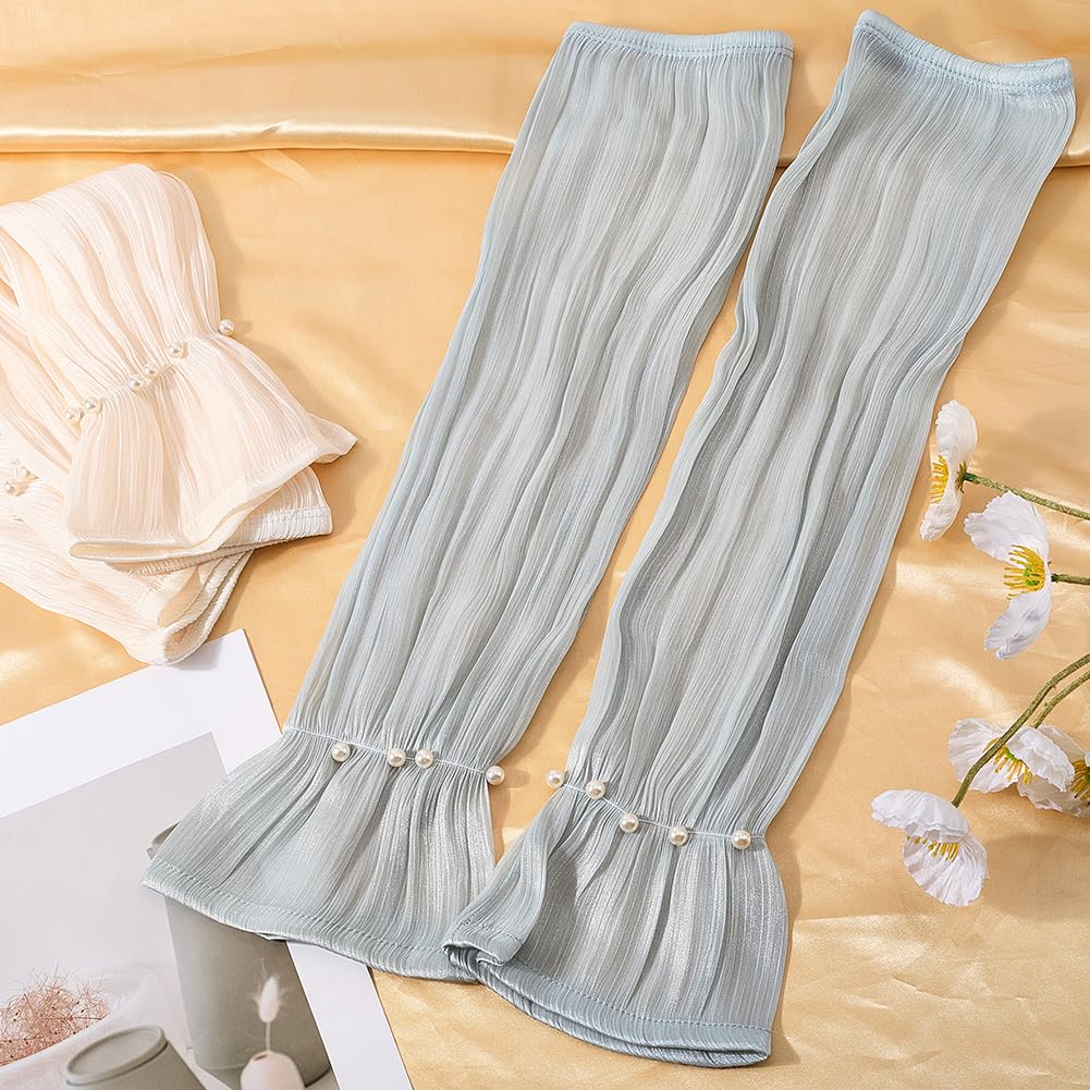CABODYALS 2 works 2 Colours Pastel Lace Ruffle Arm Sleeves Ruched Ruffle Hem Arm Sun Protection Sleeve Bridal Extra Long Tulle Sheer Pearl Fingerless Mesh Gloves for Women Costume Festival Dress Decor - Image 3
